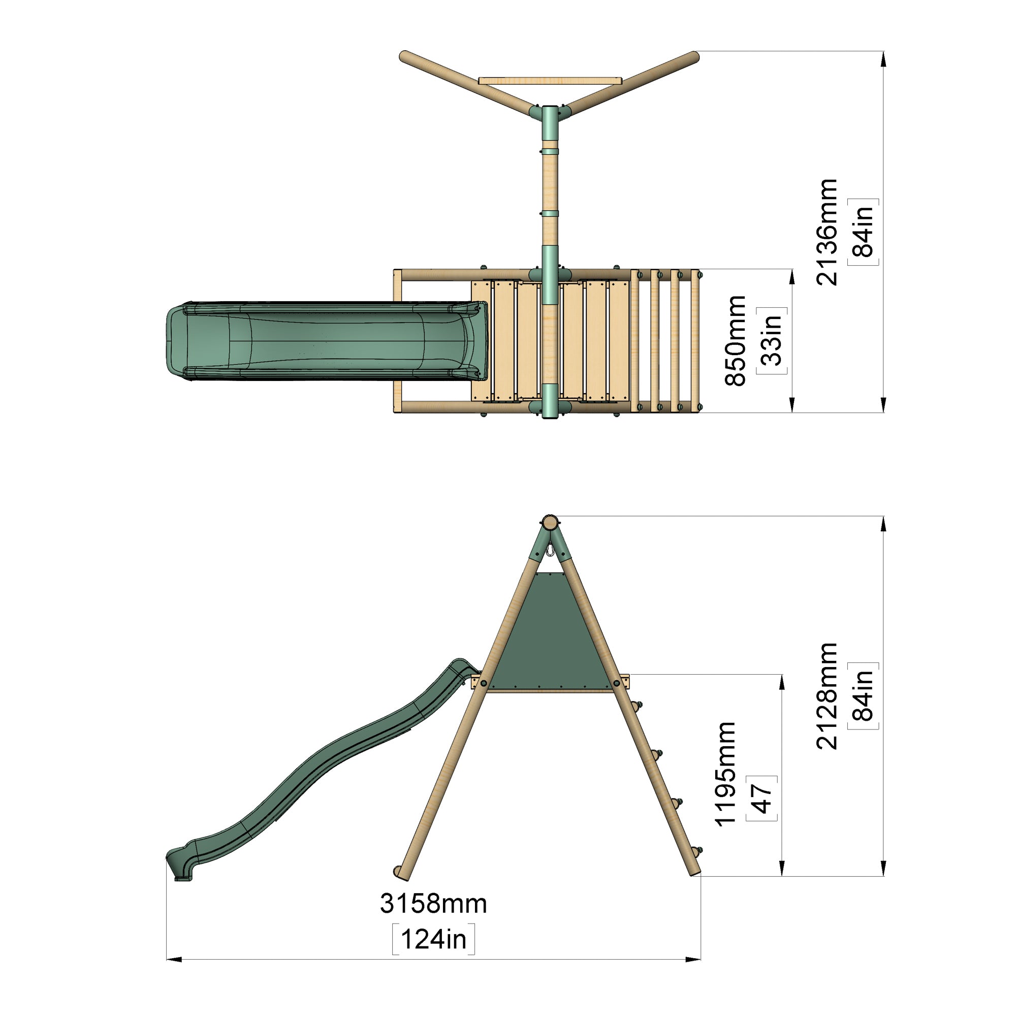 Dimensions of a playground structure with slide, swing set, and climbing frame on a white background.
