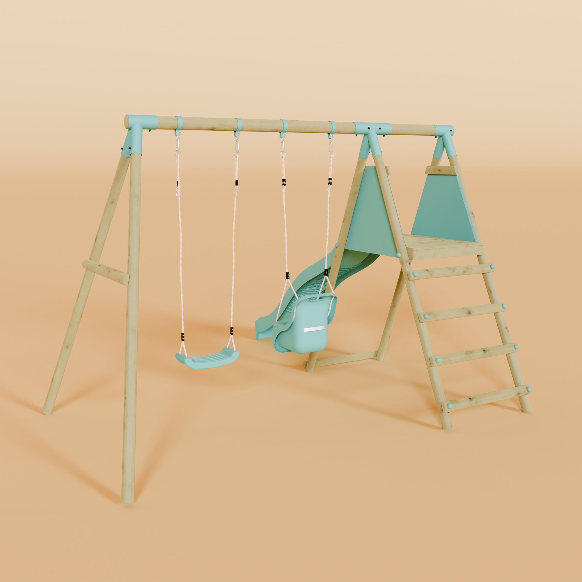 Double Wooden Swing Set with Baby Swing and Slide - Mossy Hollow