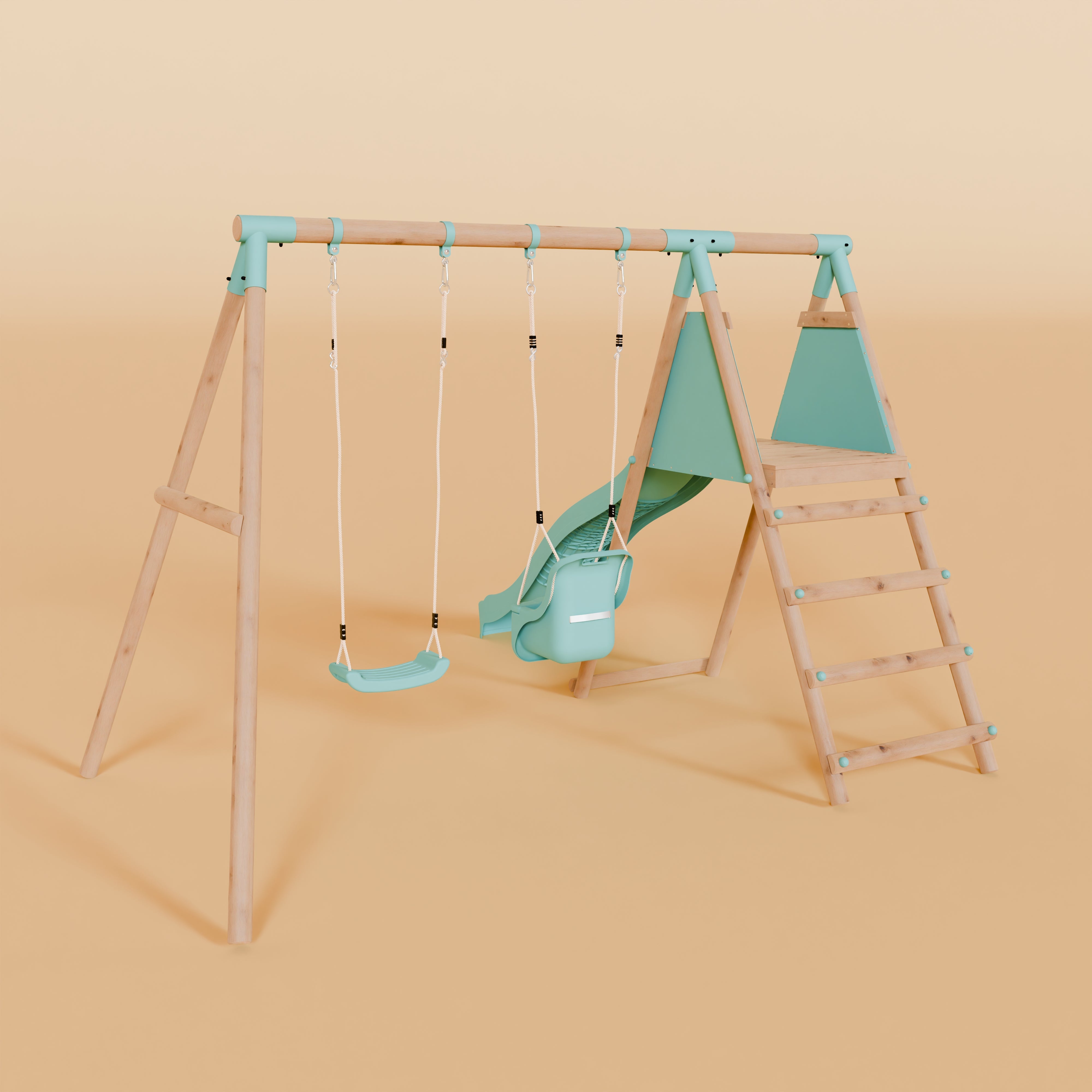 Children's play set with swings, slide, and ladder on a beige background