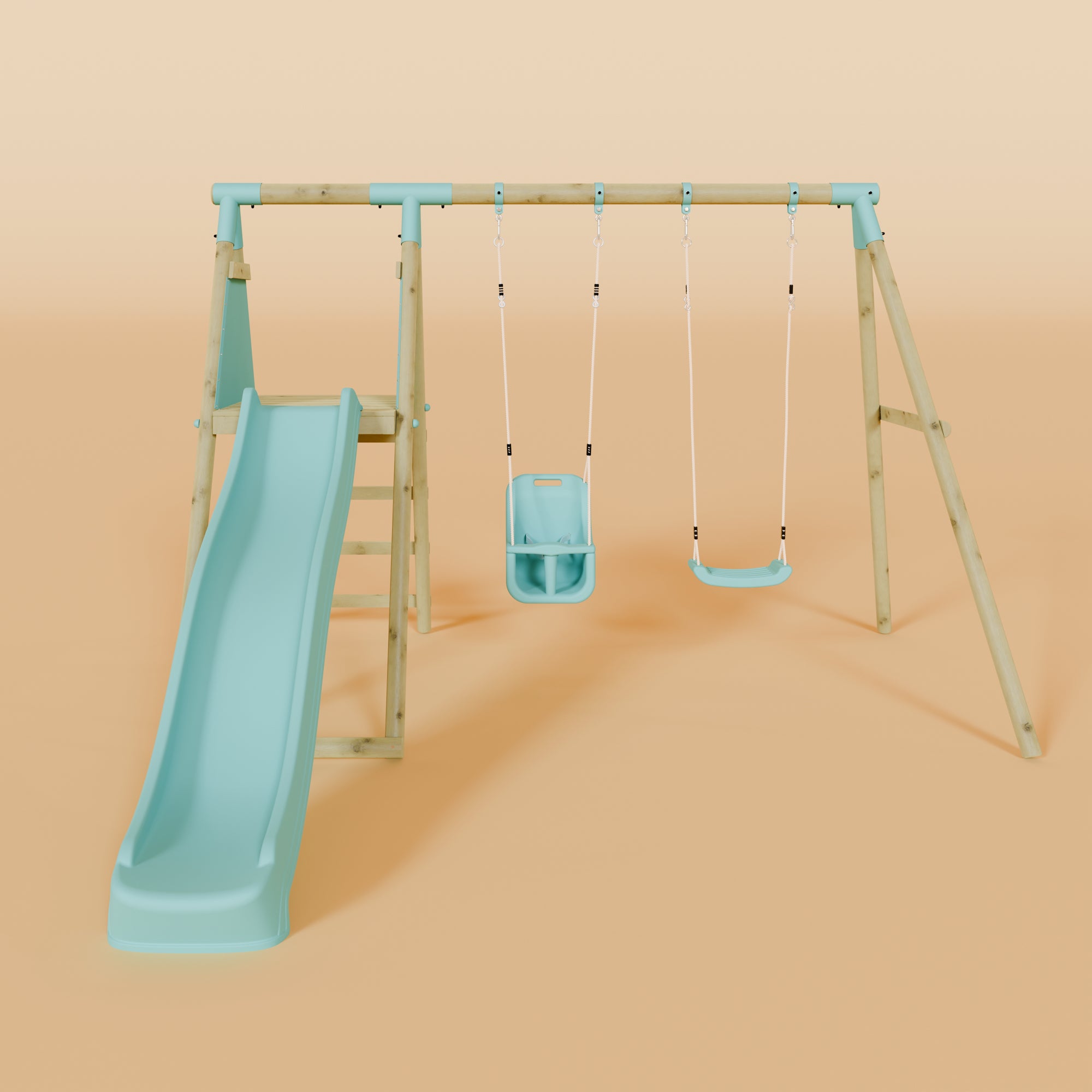Double Wooden Swing Set with Baby Swing and Slide - Mossy Hollow