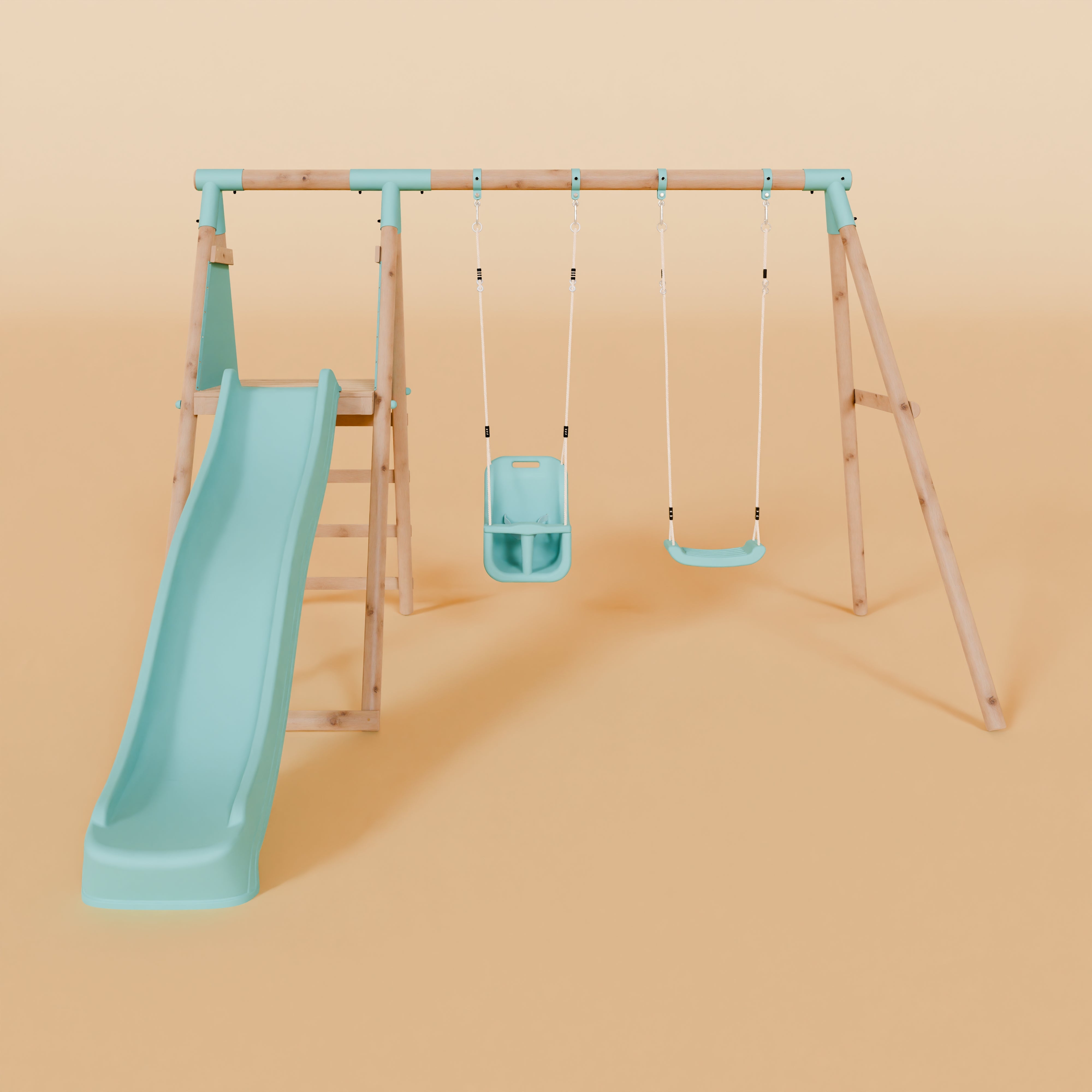 Children's swing set with slide on a beige background