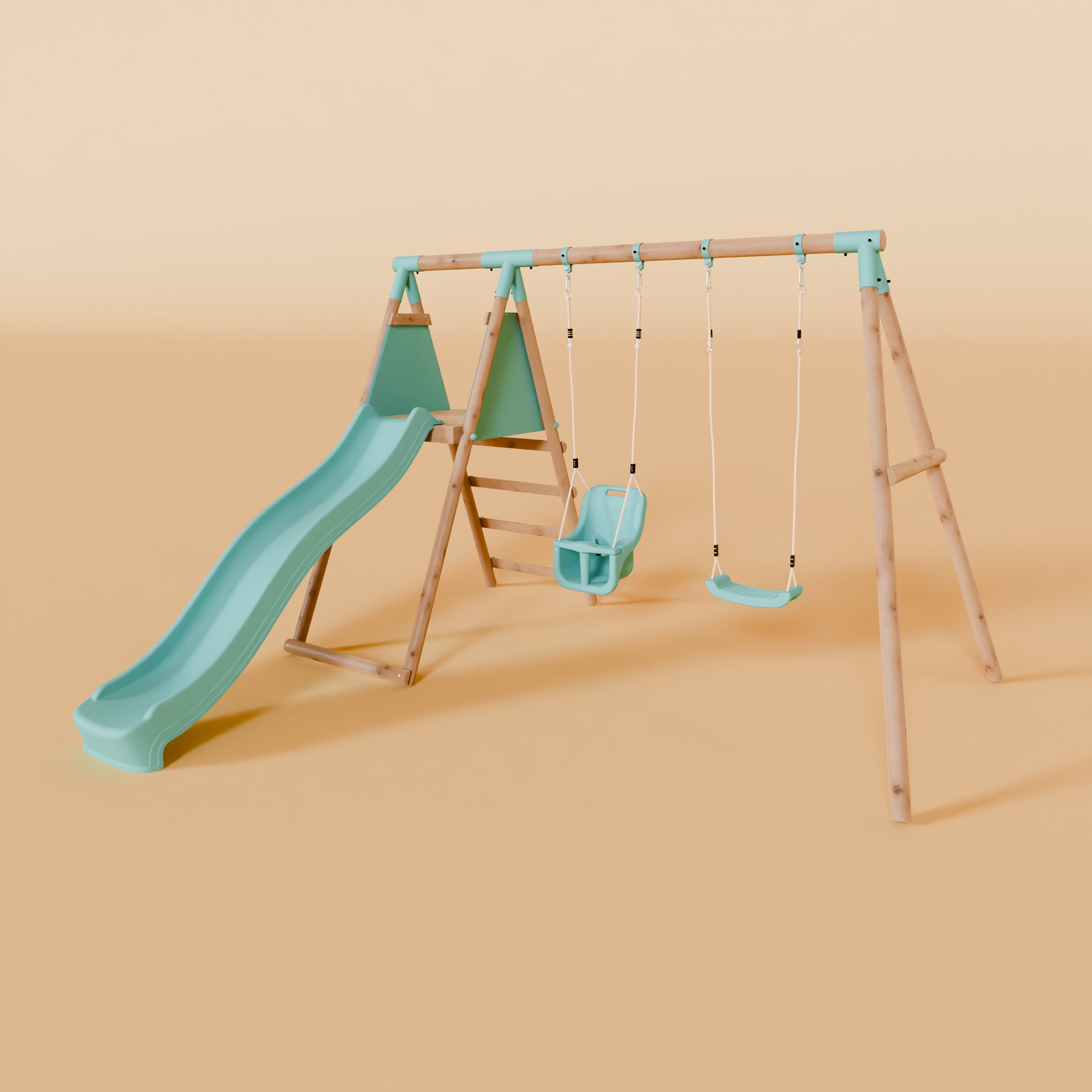 Children's swing set with slide on a beige background