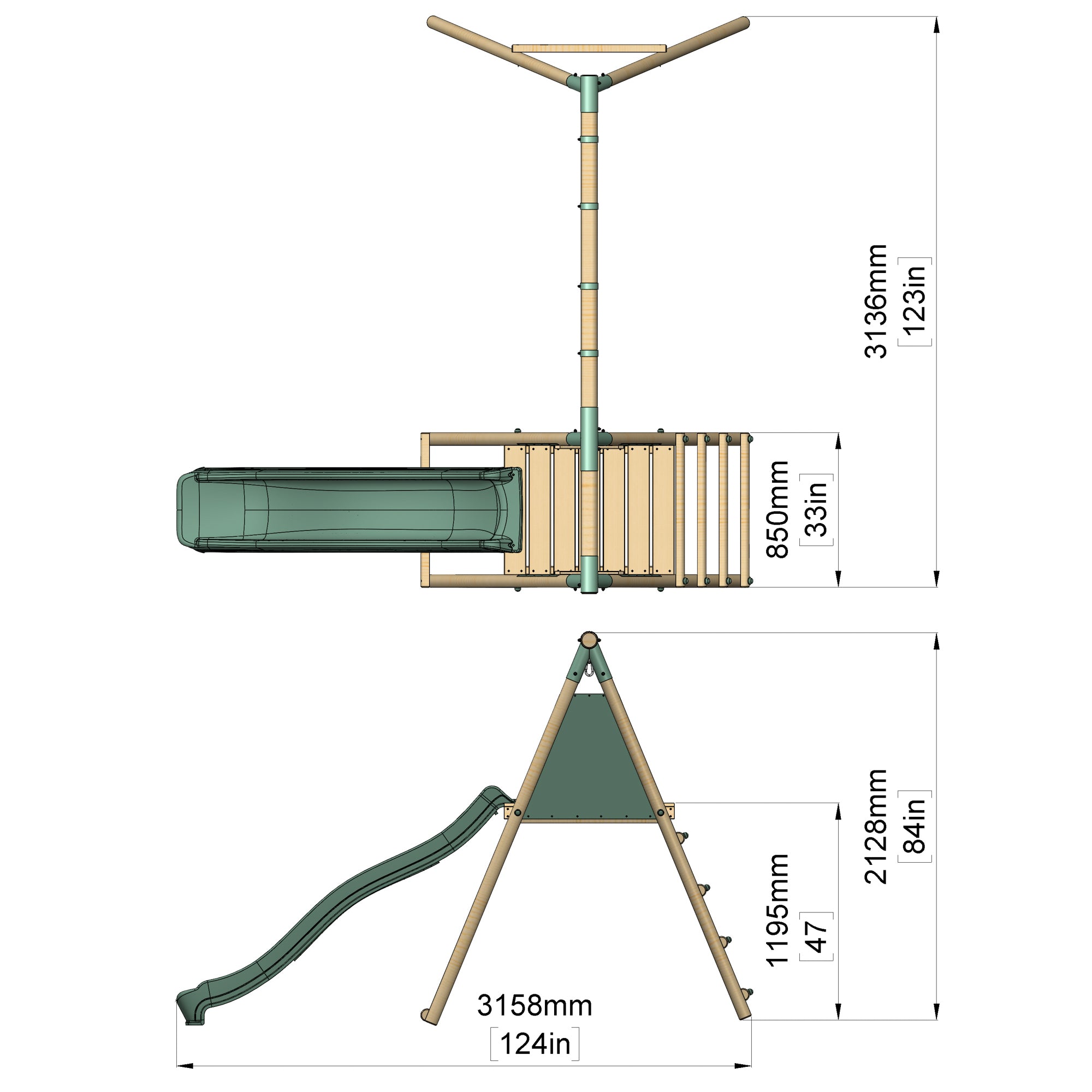 Children's play structure with slides and dimensions on a white background