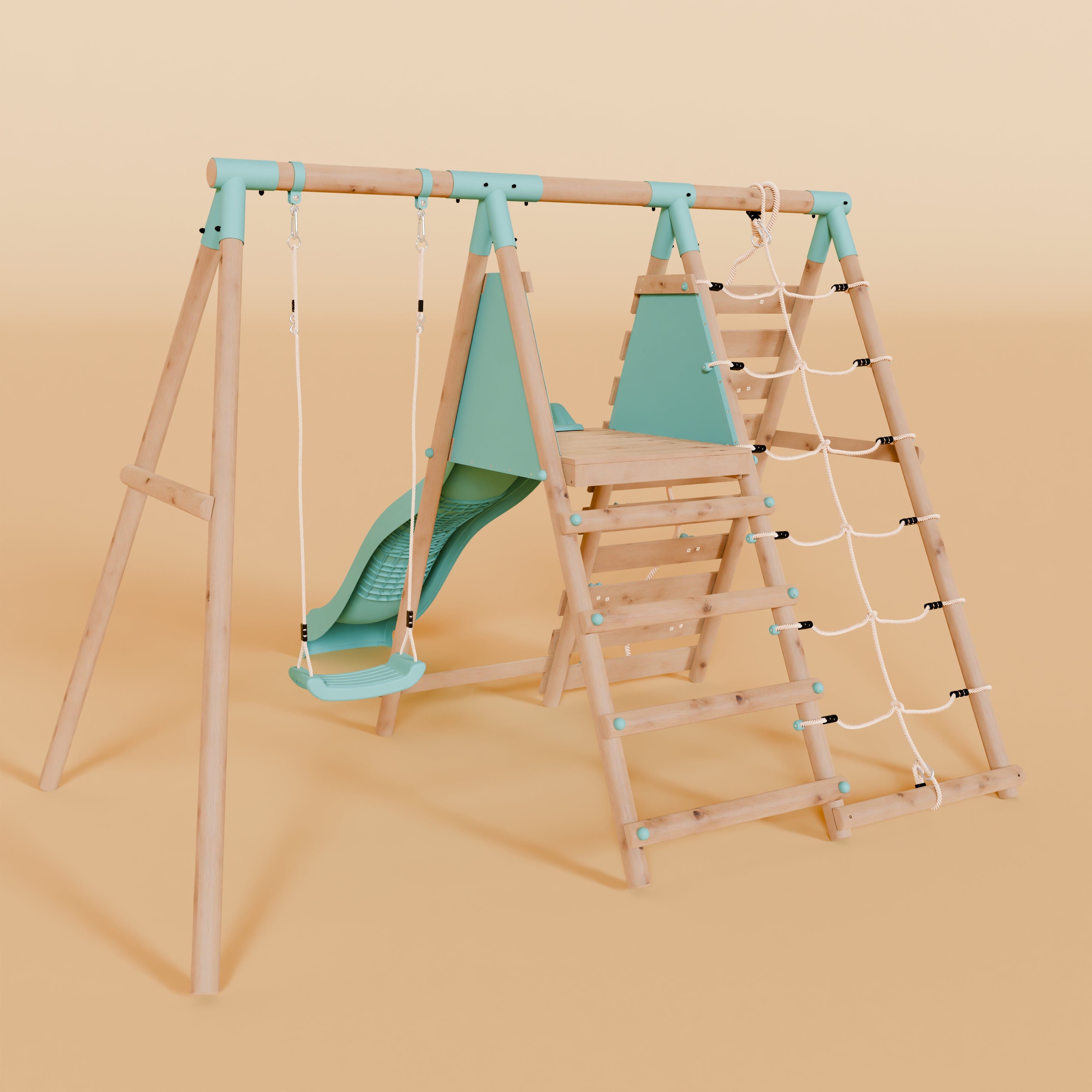 Single Wooden Swing Set with Climbing Wall and Slide - Badger Brook I