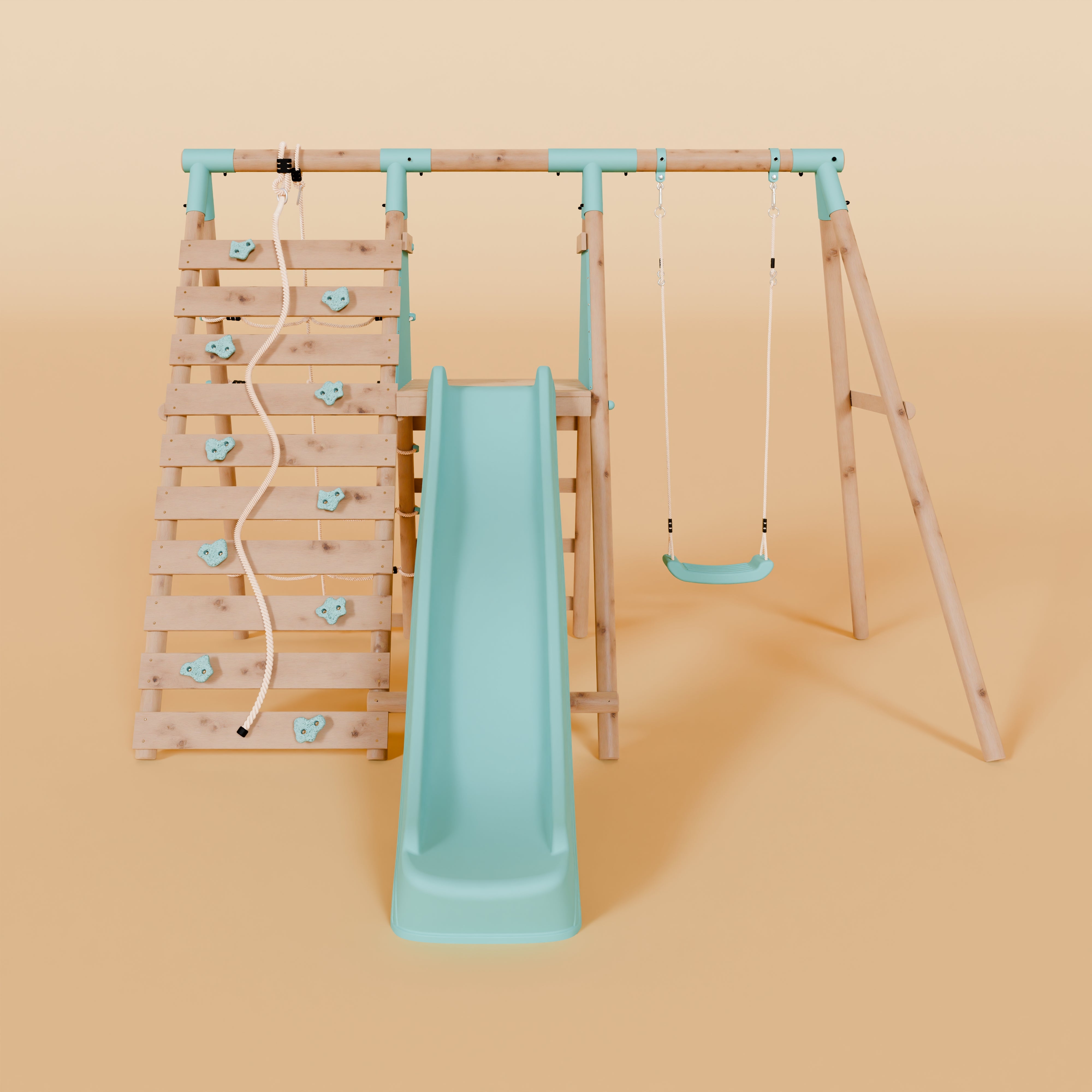 Single Wooden Swing Set with Climbing Wall and Slide - Badger Brook I