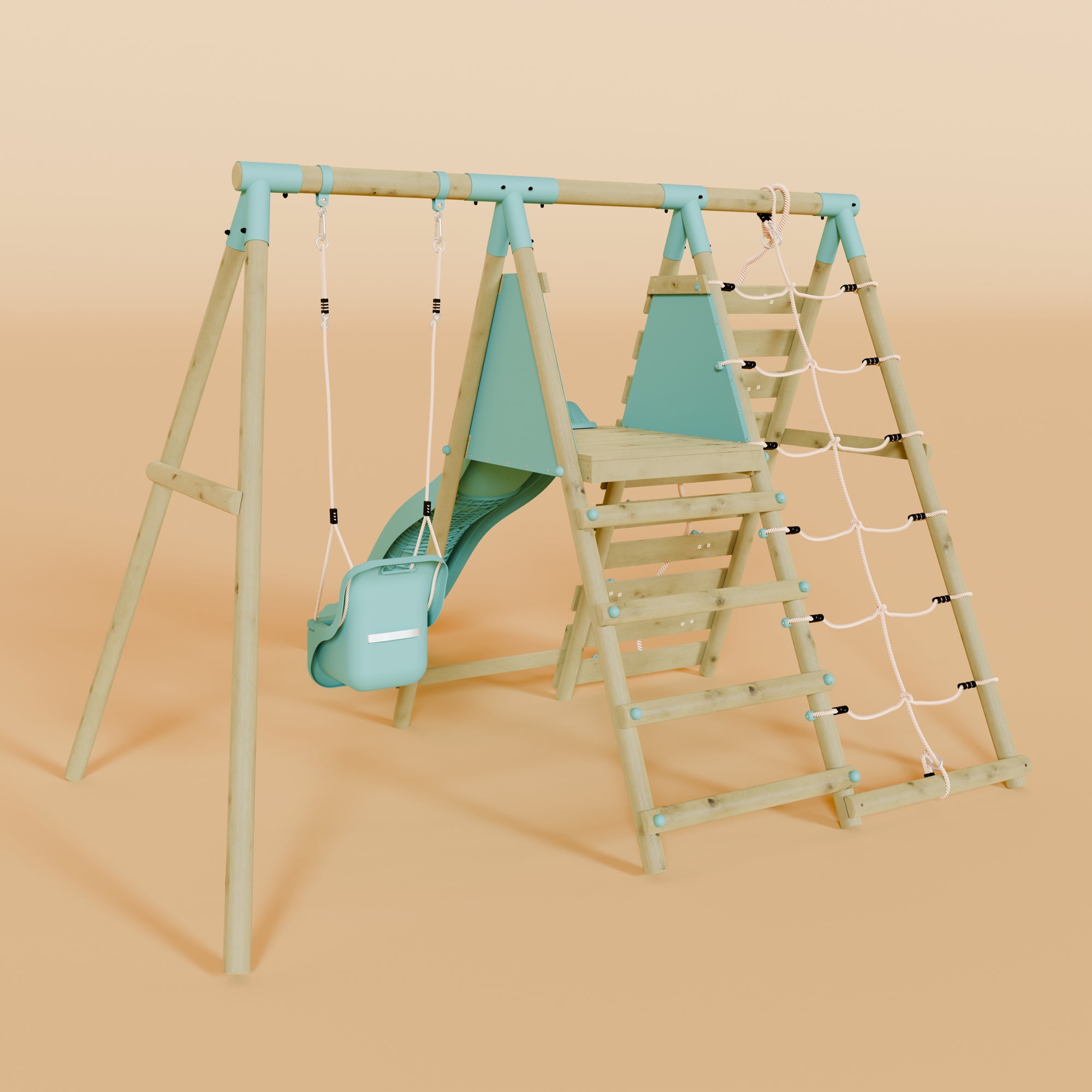 Single Wooden Baby Swing Set with Climbing Wall and Slide - Badger Brook