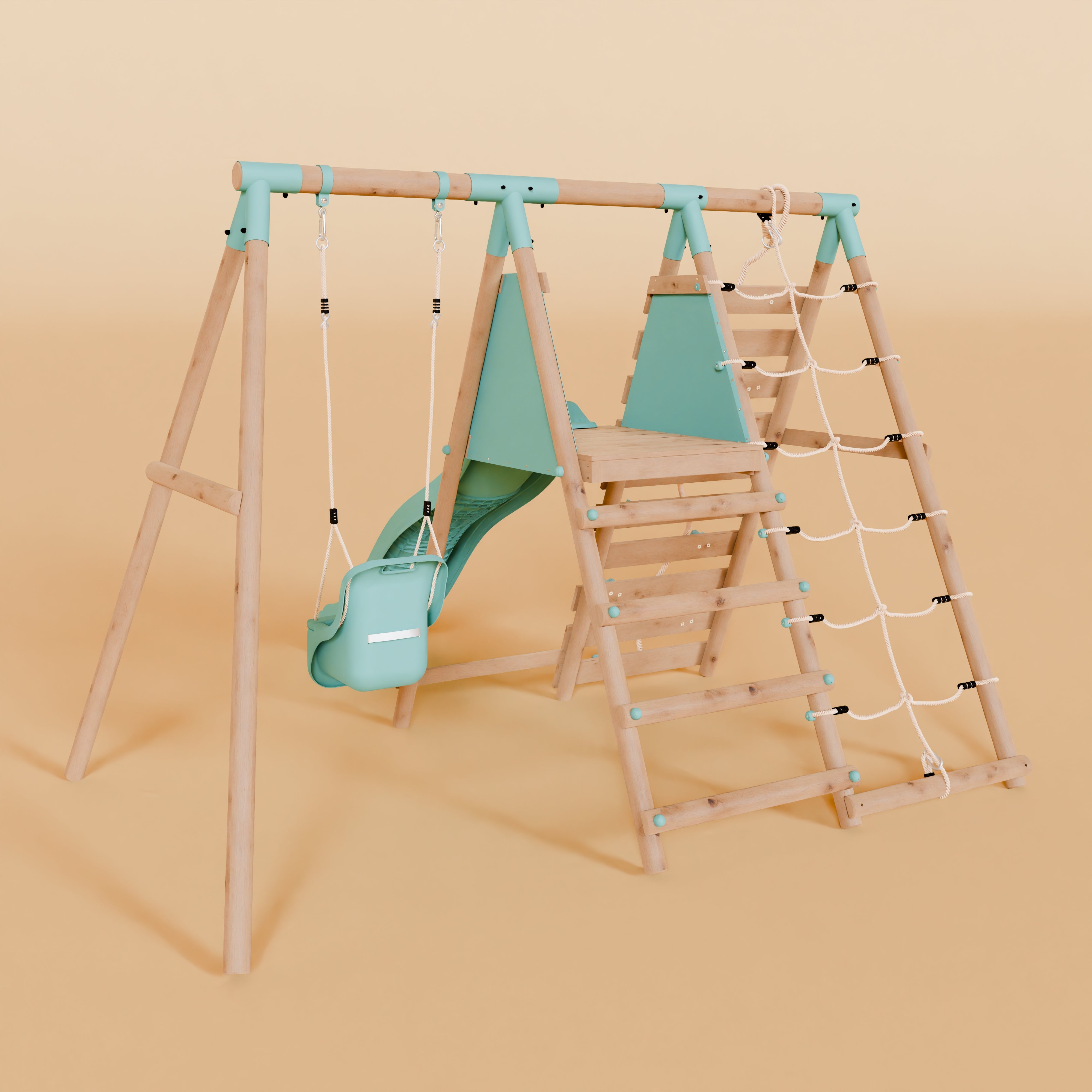 Children's play set with swing, ladder, and slide on a beige background