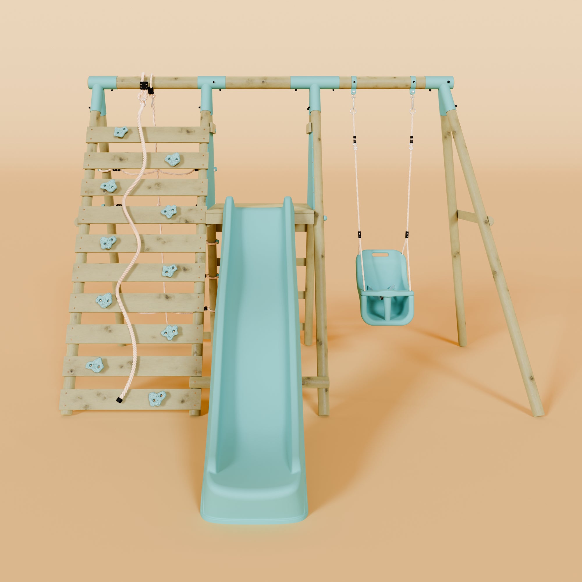 Single Wooden Baby Swing Set with Climbing Wall and Slide - Badger Brook