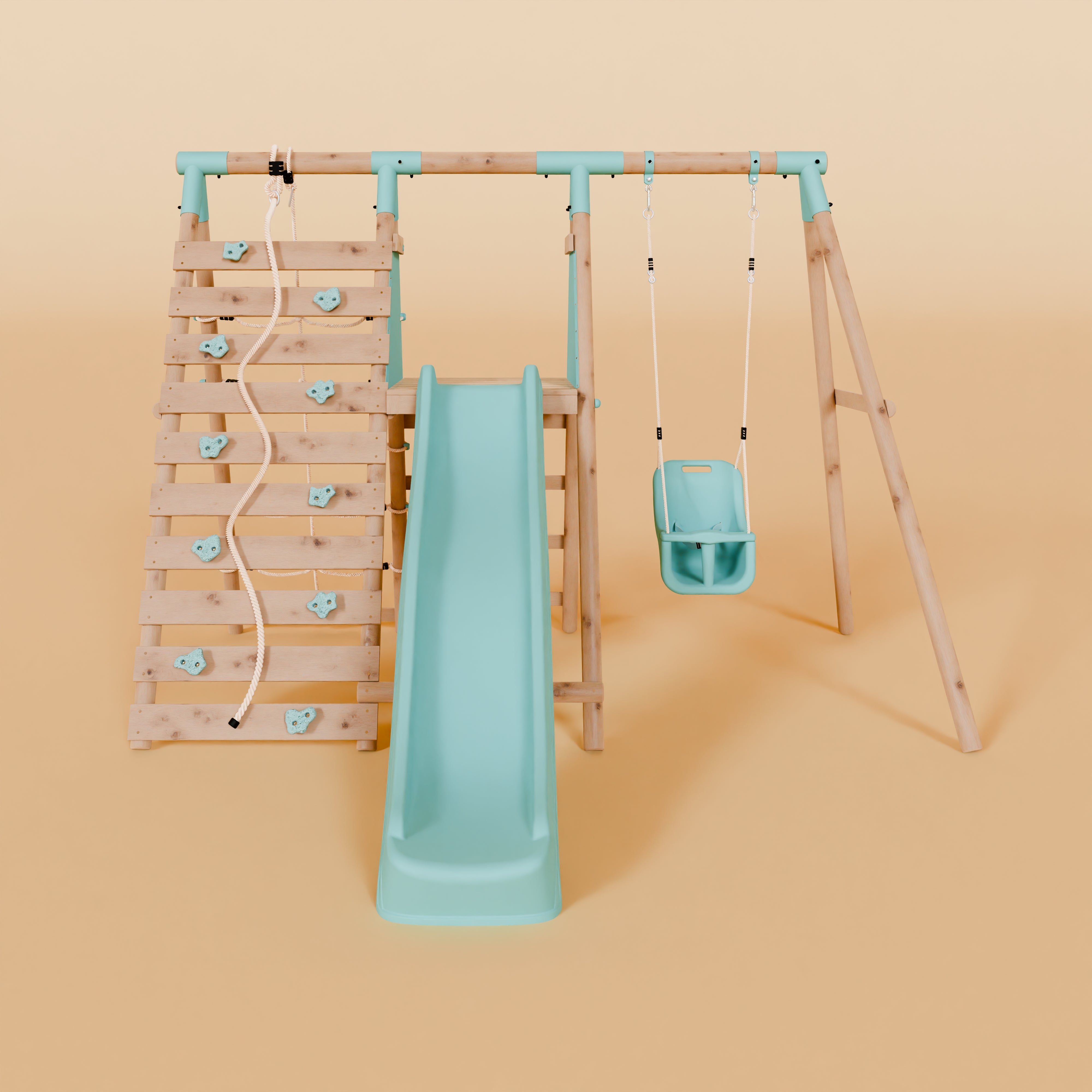 Children's playset with slide and swing on a beige background