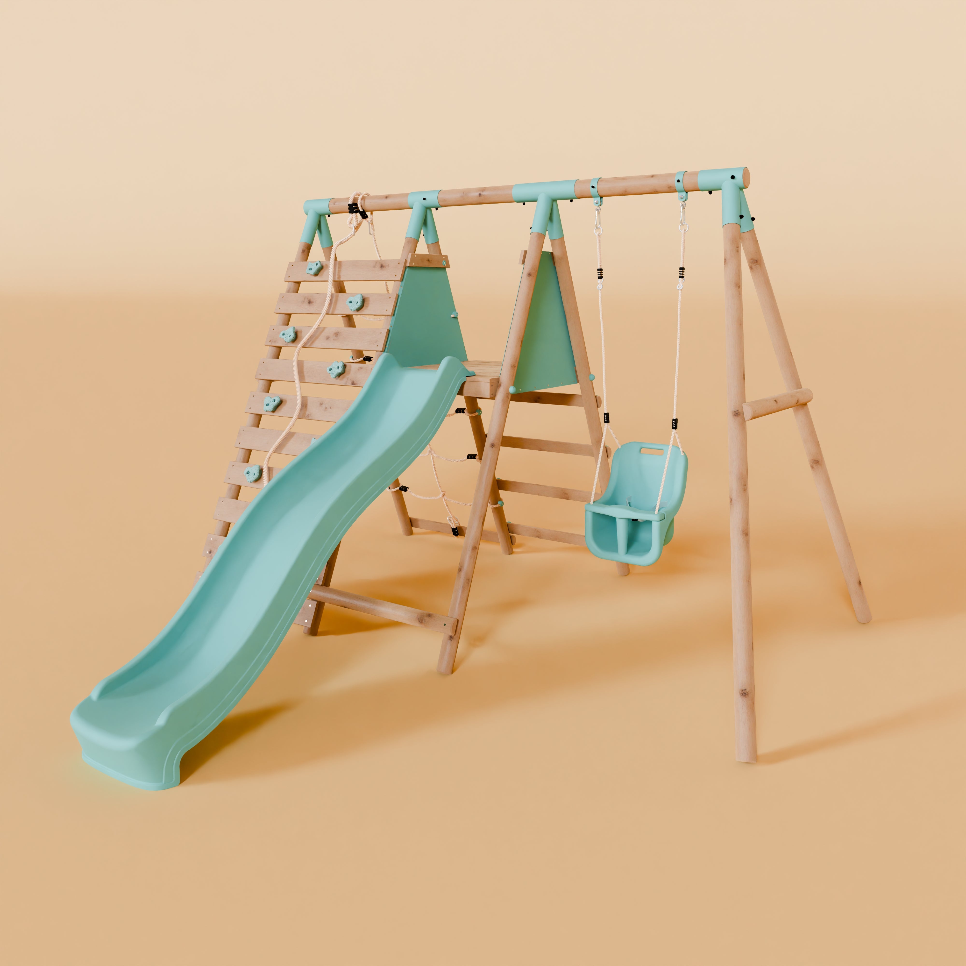 Children's playground set with slide and swings on a beige background