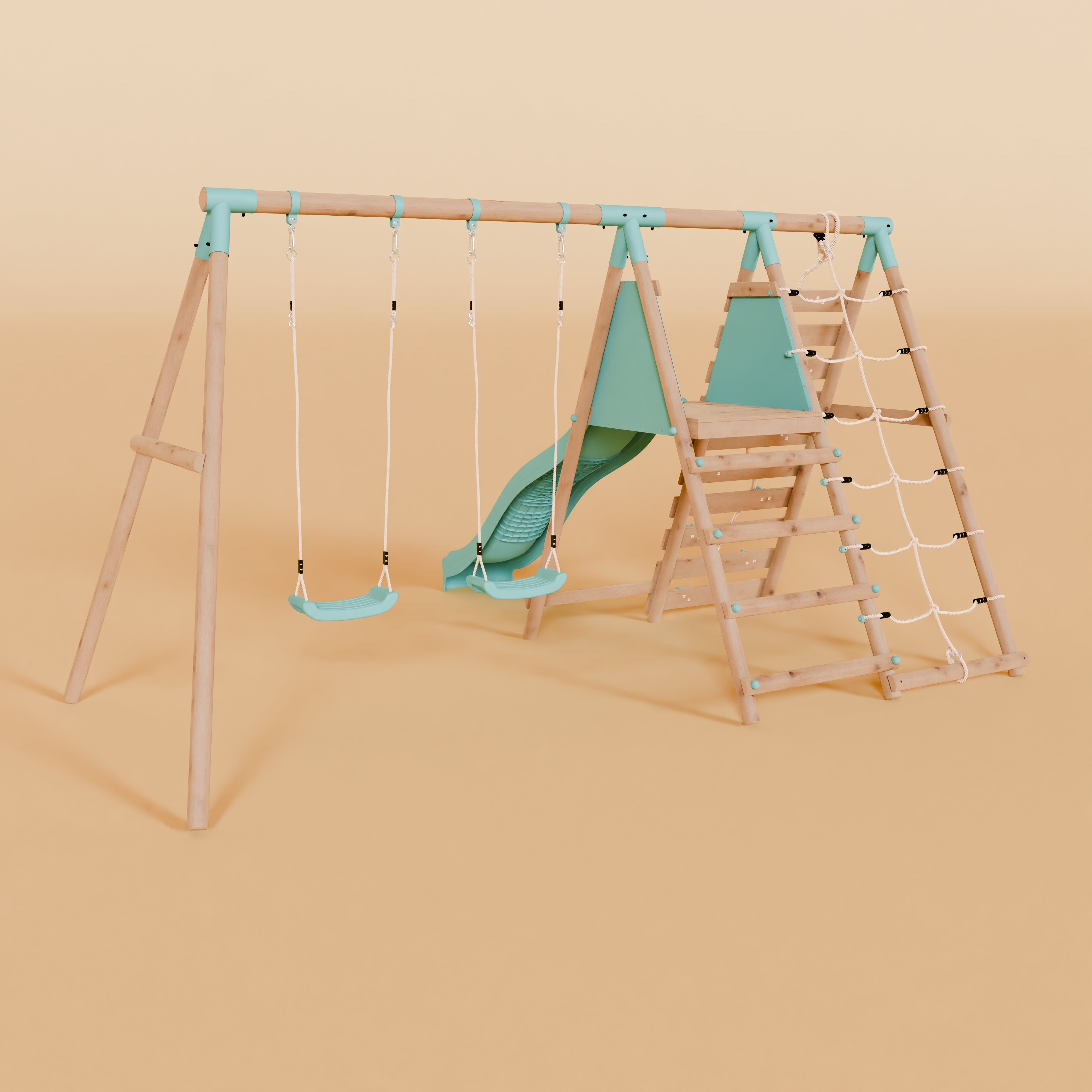 Children's playset with swings, slide, and ladder on a beige background