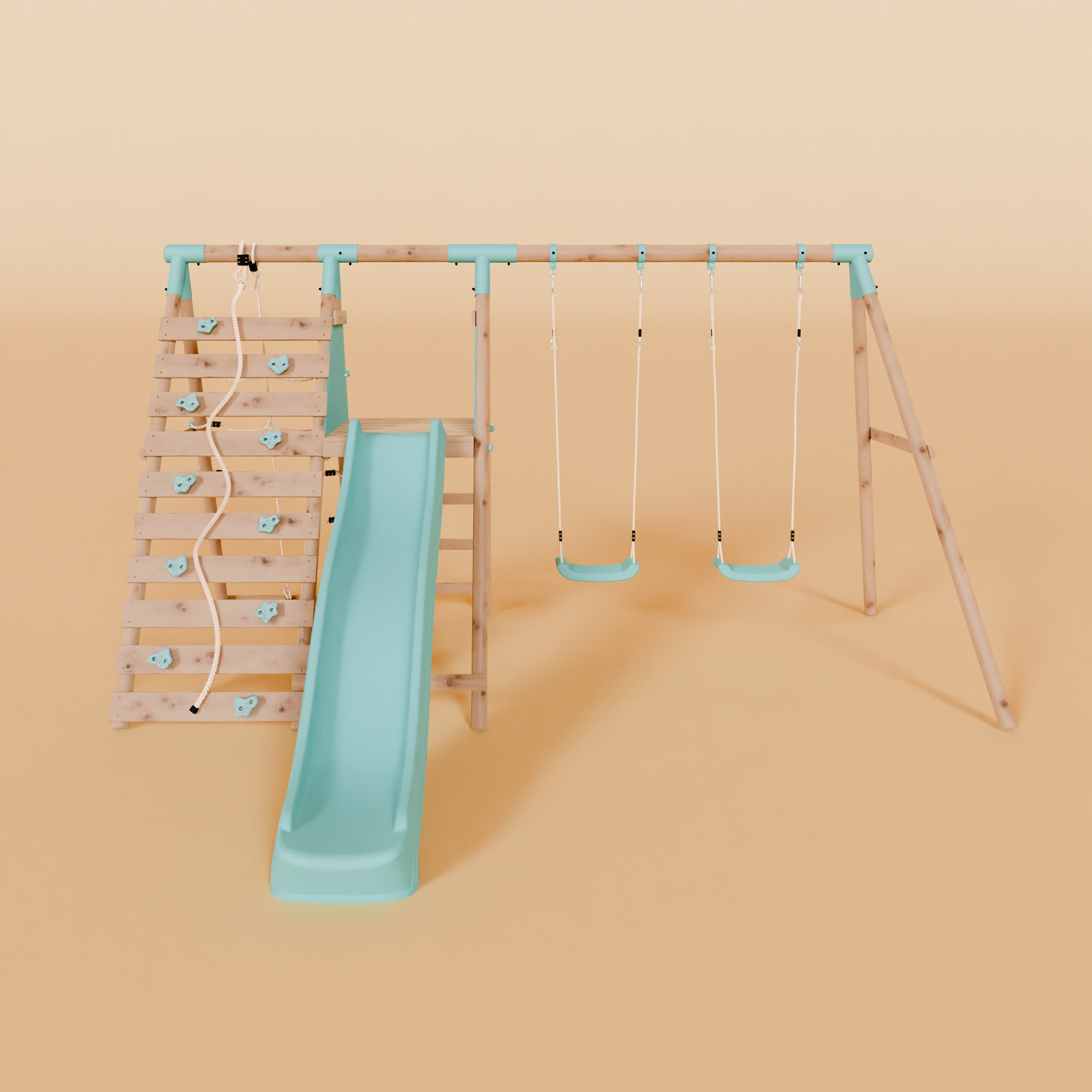 Children's playground set with slide and swings on a beige background