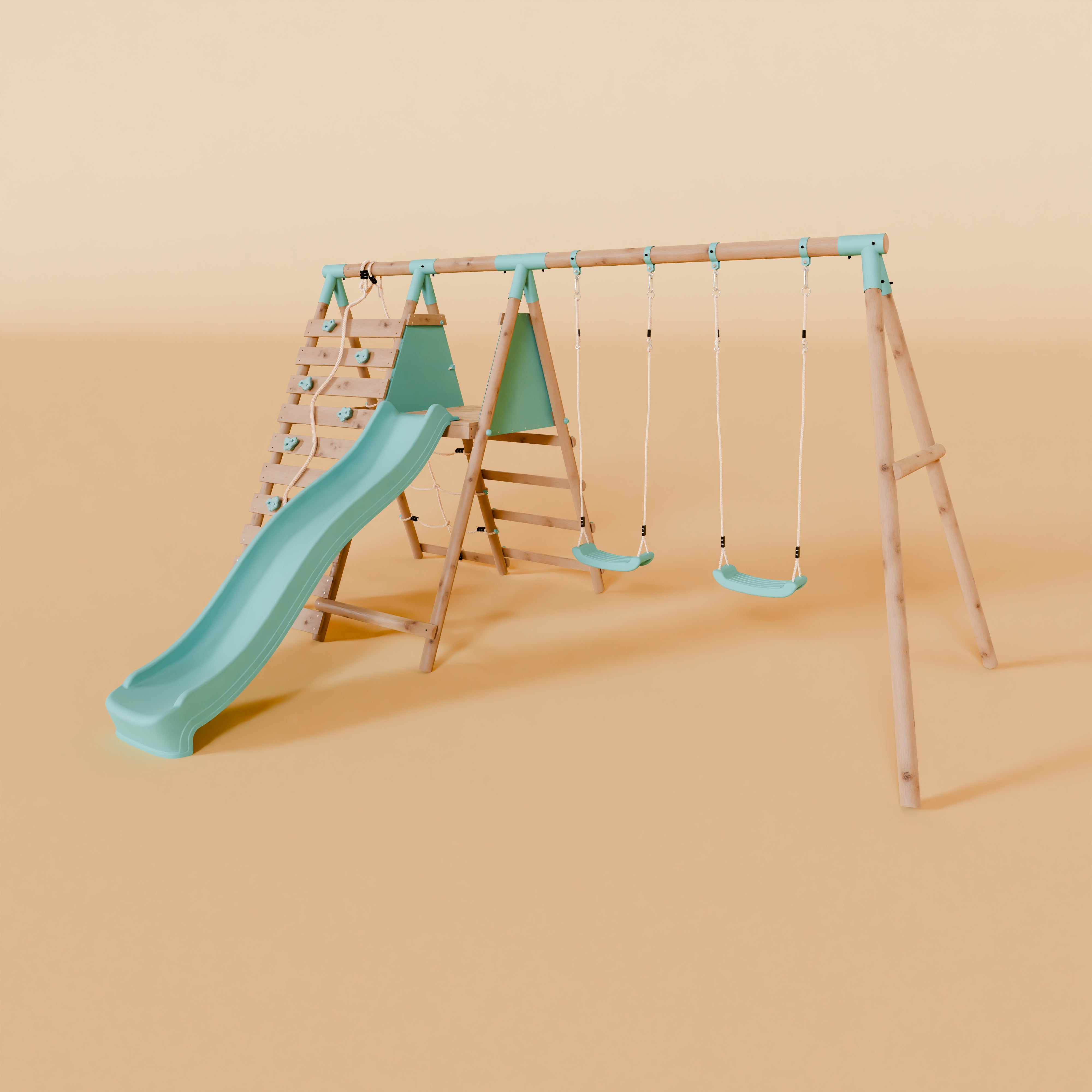 Children's playground set with slide and swings on a beige background
