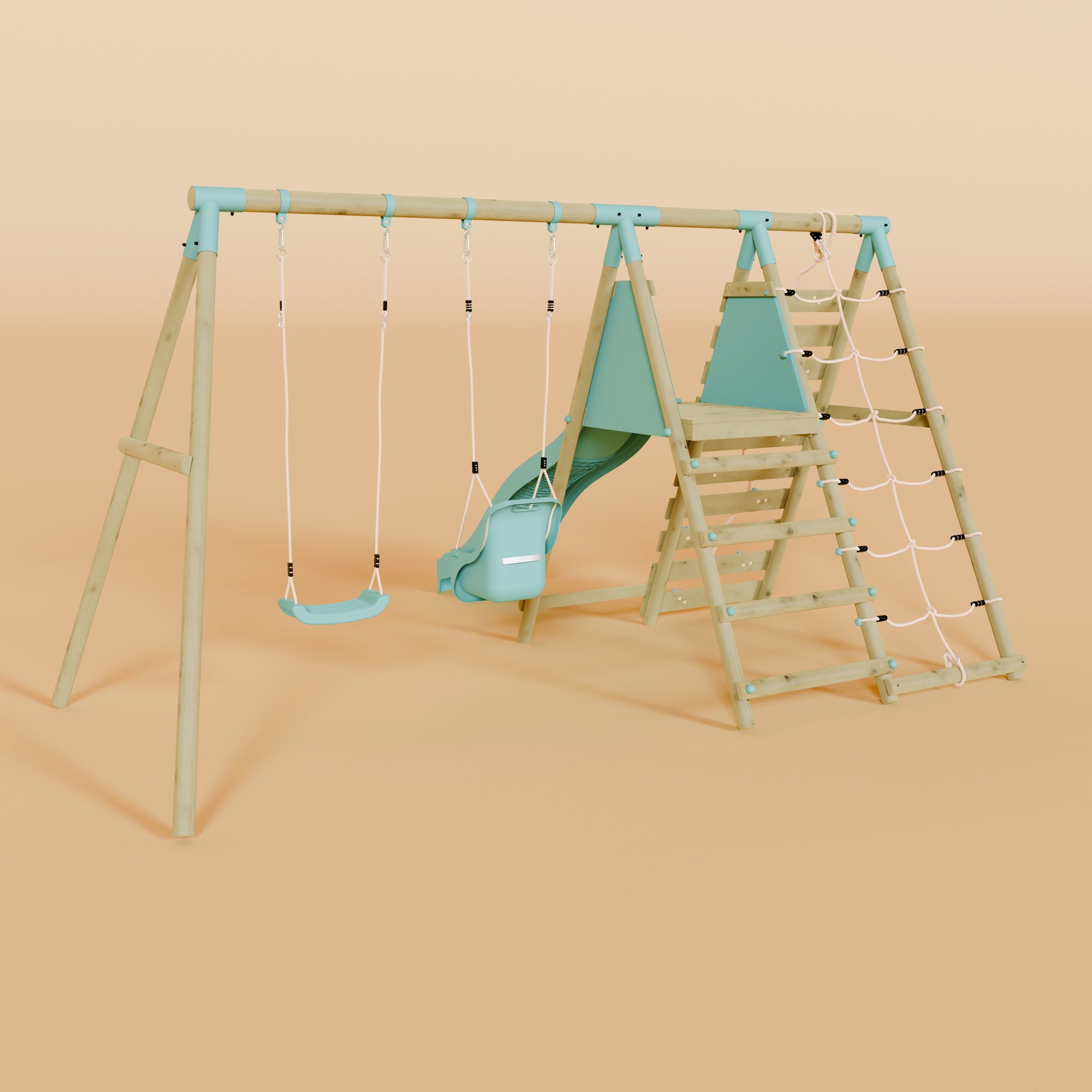 Double Wooden Swing Set with Baby Swing, Climbing Wall and Slide - Stagwood