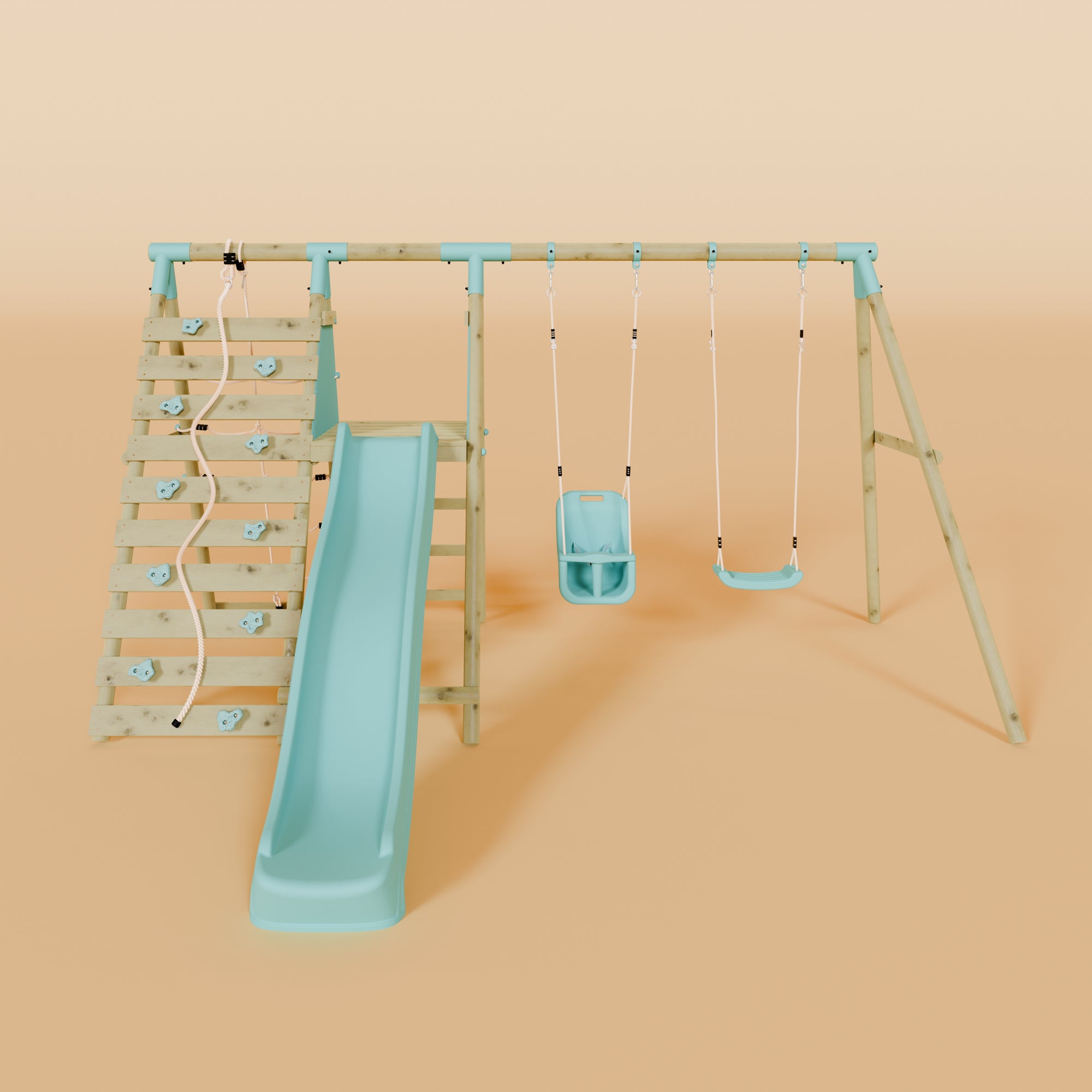 Double Wooden Swing Set with Baby Swing, Climbing Wall and Slide - Stagwood