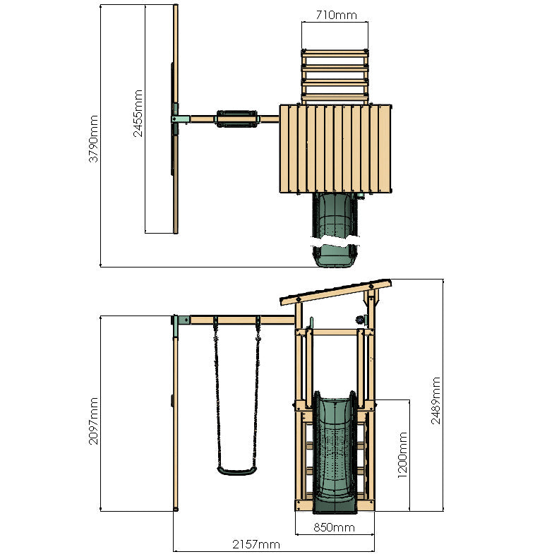 Technical drawing of a wooden swing set with dimensions labeled