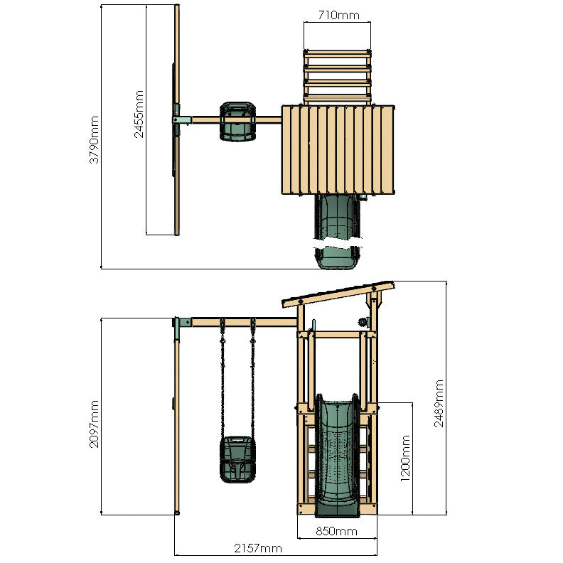 Technical drawing of a playground structure with dimensions