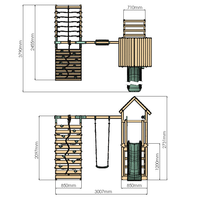 Detailed dimensions of a children's play set with swing and ladder.
