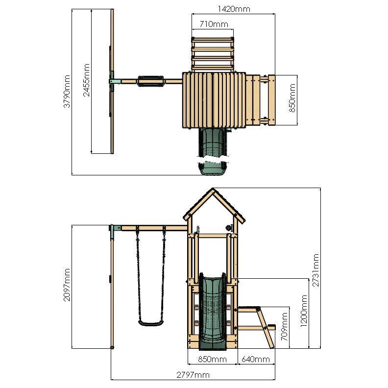Technical drawing of a wooden play structure with dimensions