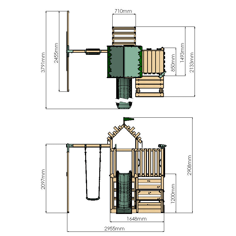 Dimensions of a wooden playset with measurements in millimeters.