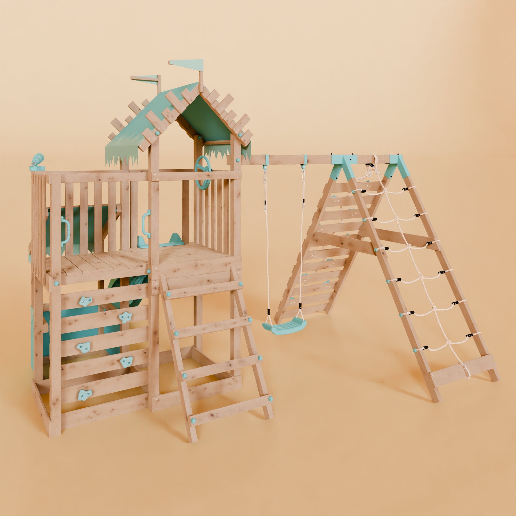Extended Climbing Frame With Single Swing & Climbing Wall With Shop - Wildroot Ridge V