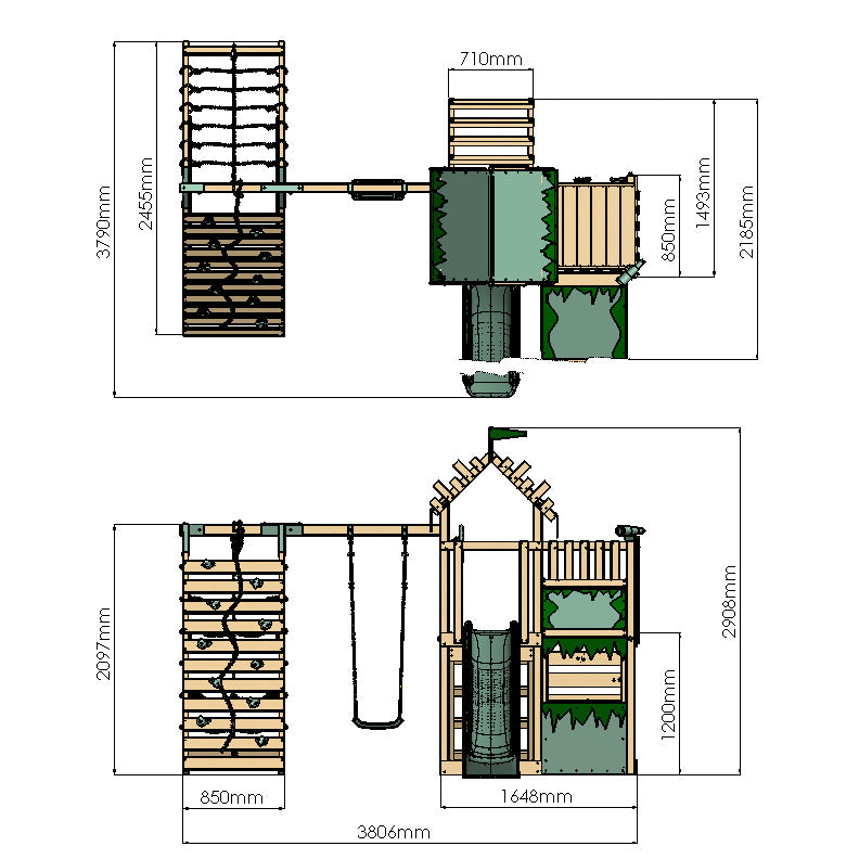 Extended Climbing Frame With Single Swing & Climbing Wall With Shop - Wildroot Ridge V
