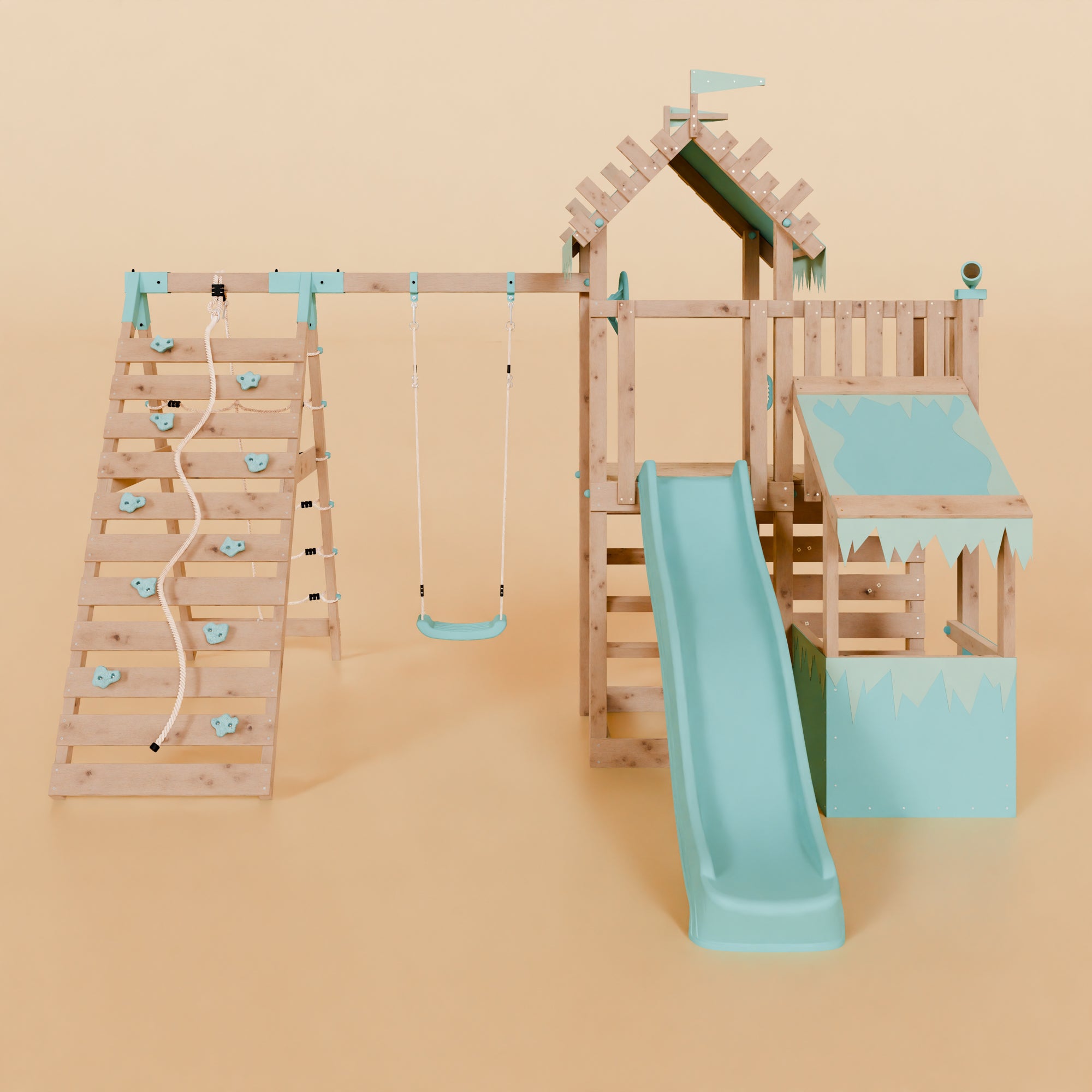 Extended Climbing Frame With Single Swing & Climbing Wall With Shop - Wildroot Ridge V