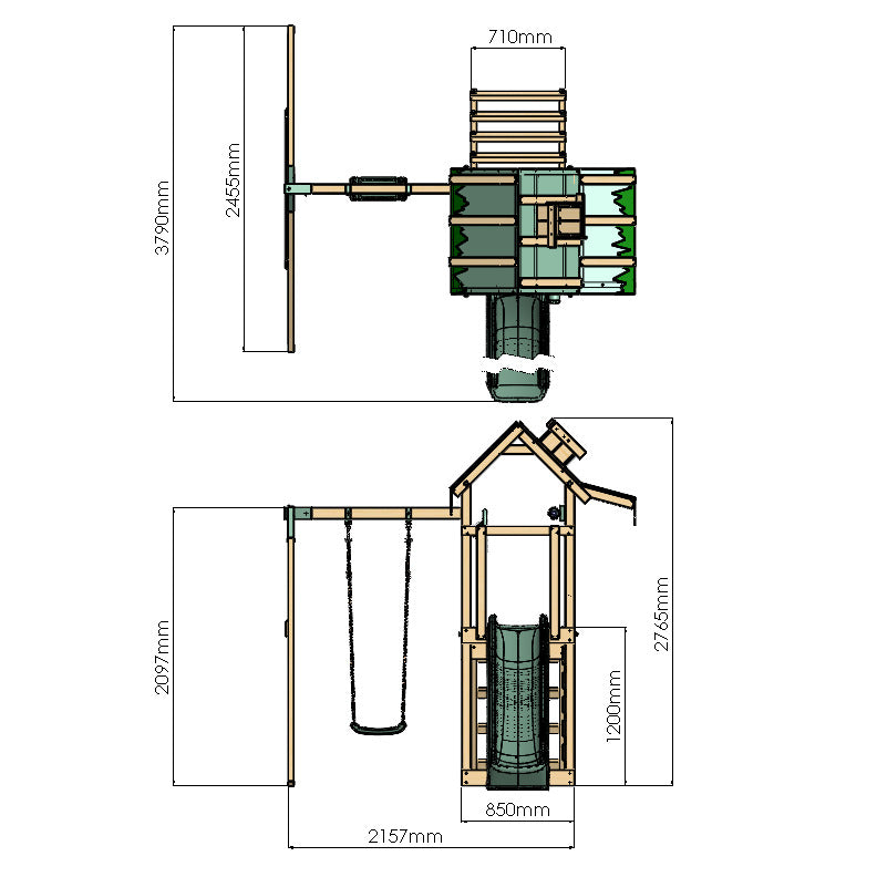 Dimensions of a children's playset with swing and ladder