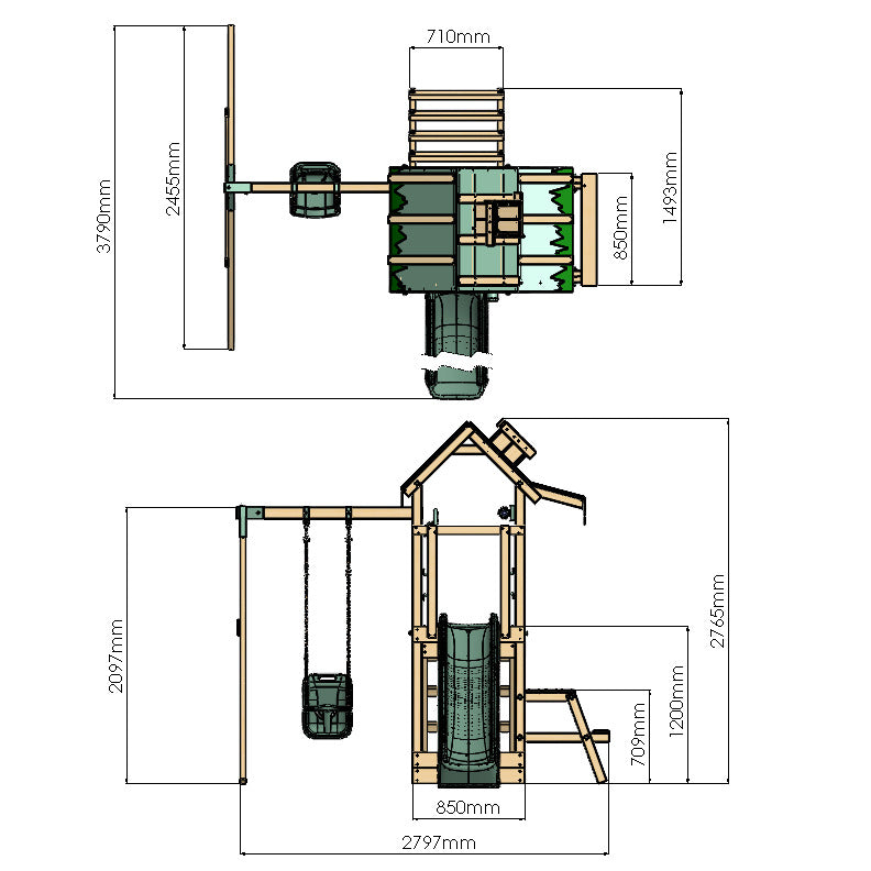 Detailed dimensions of a children's playhouse with measurements in millimeters.