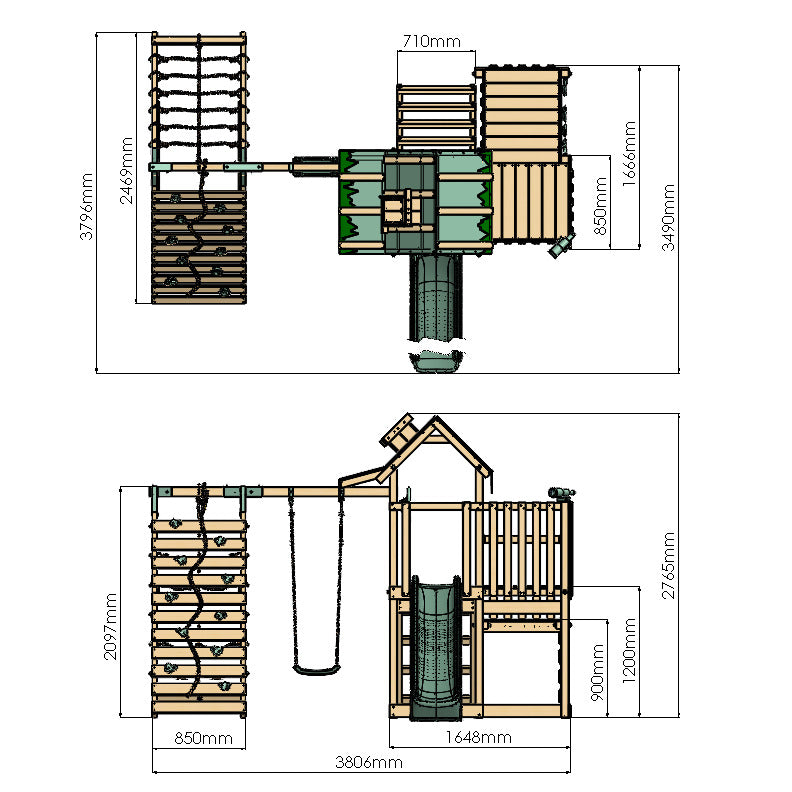Detailed dimensions and layout of a wooden playset with measurements in millimeters.