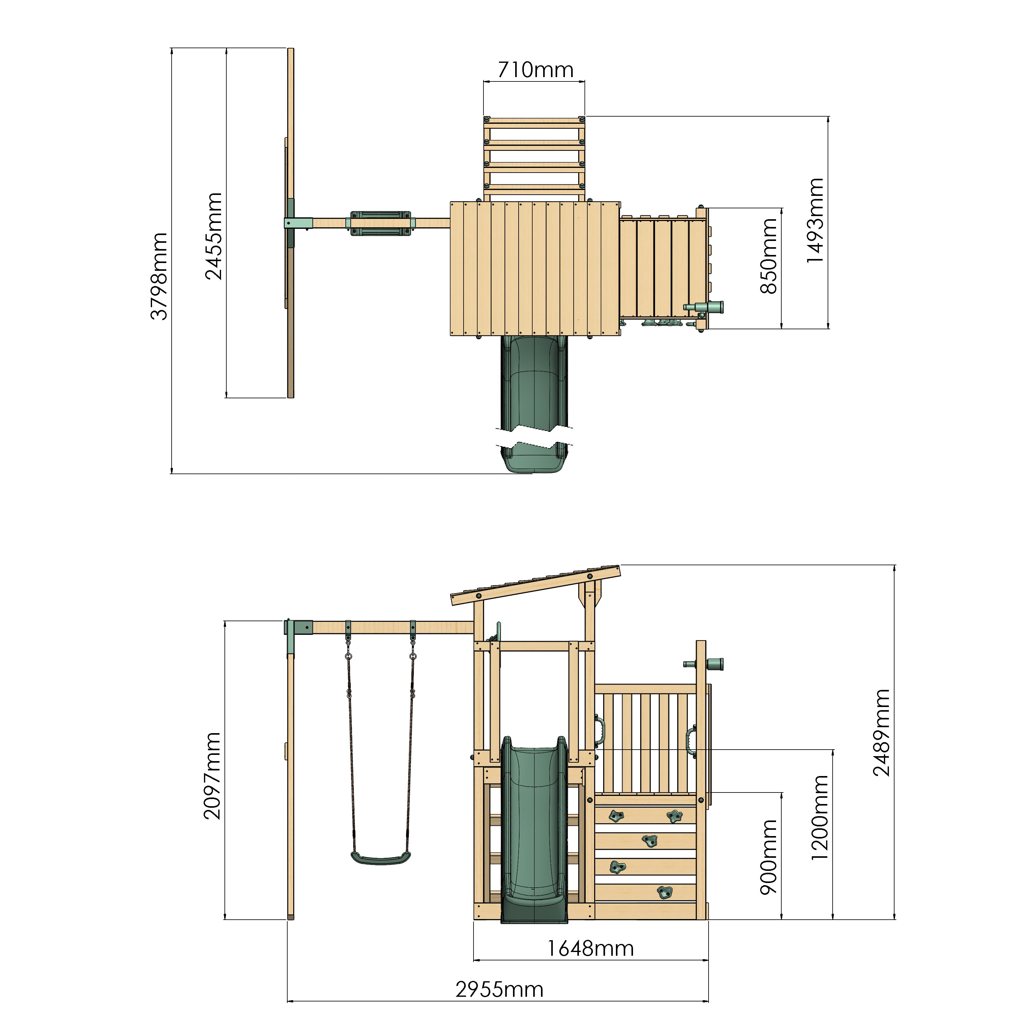 Detailed dimensions of a wooden playset with slides and swings on a white background