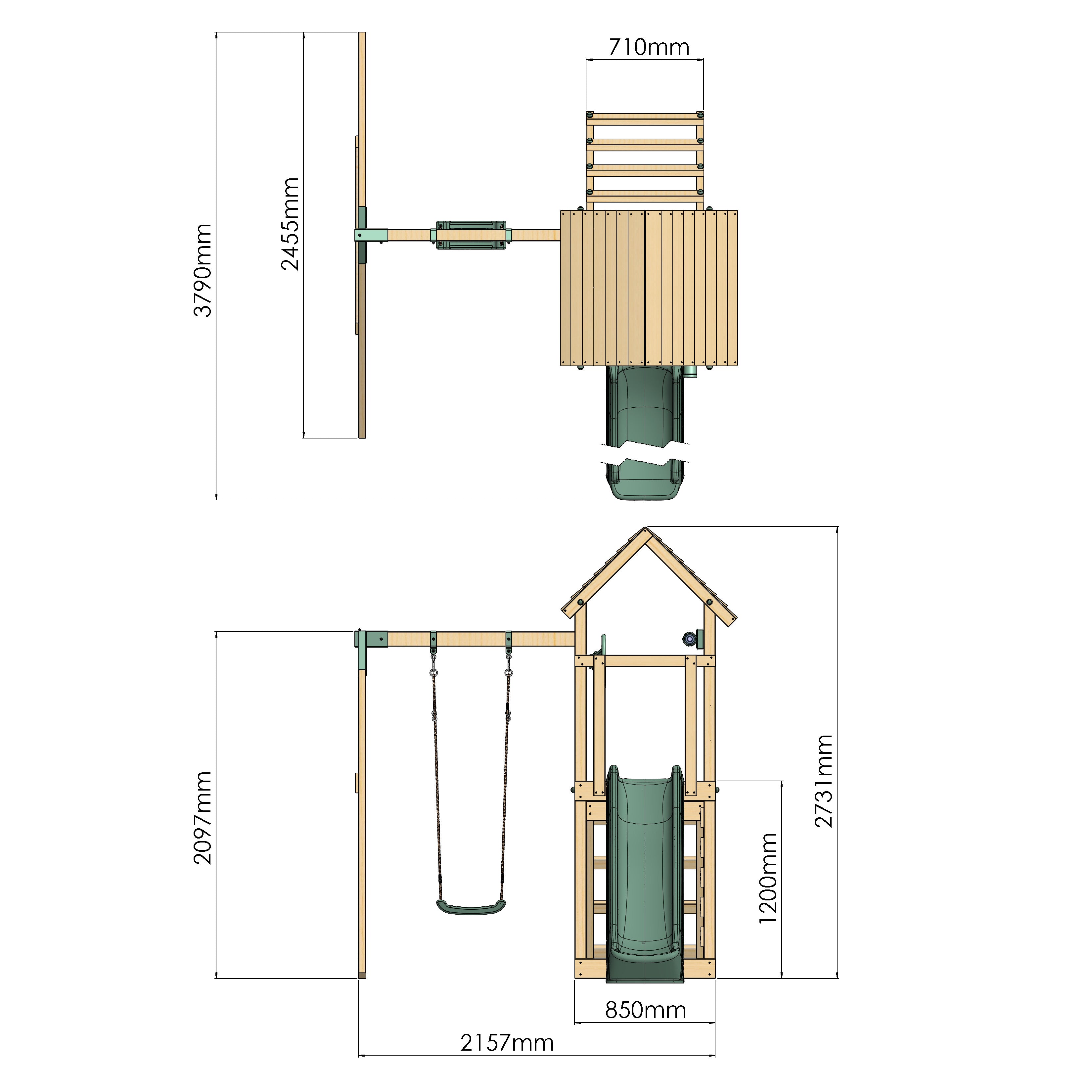 Dimensions of a wooden playset with slide, swing, and ladder on a white background