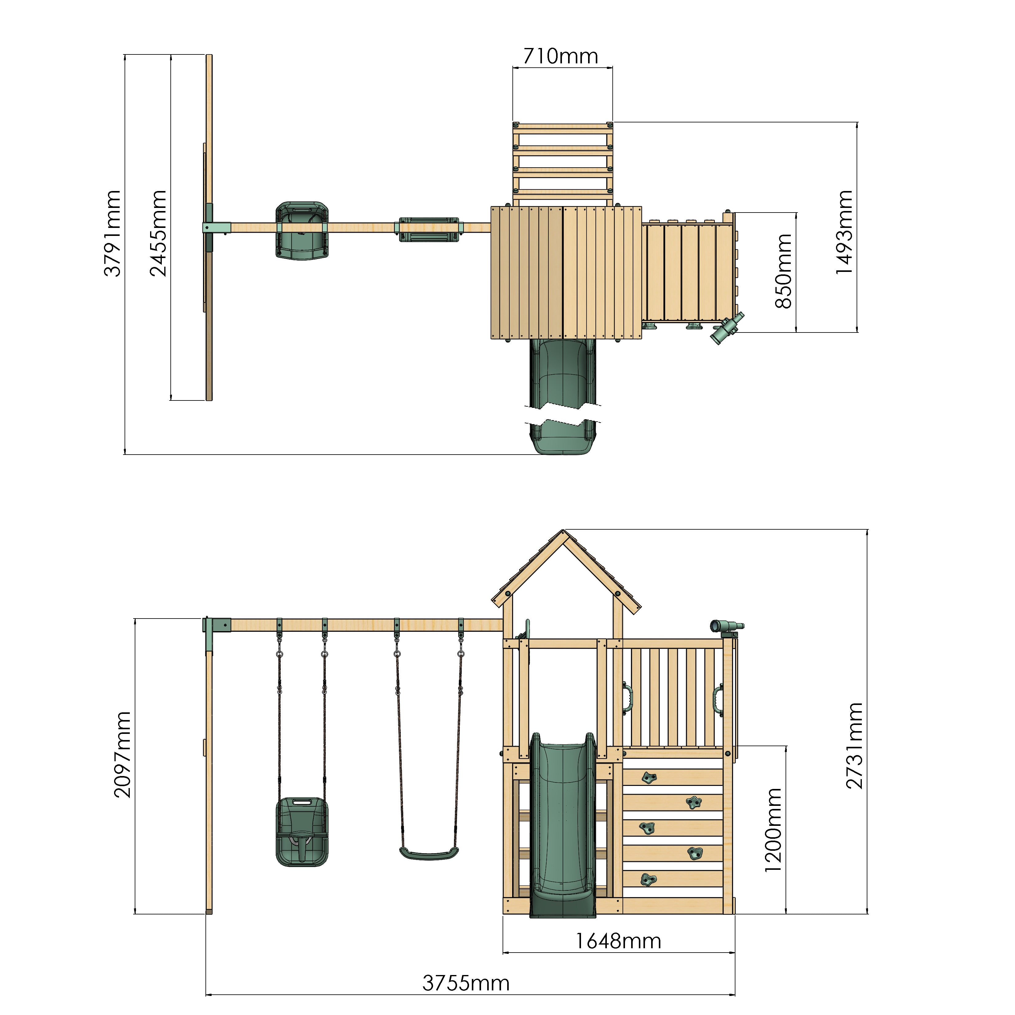 Dimensions of a wooden playset with slides and swings on a white background