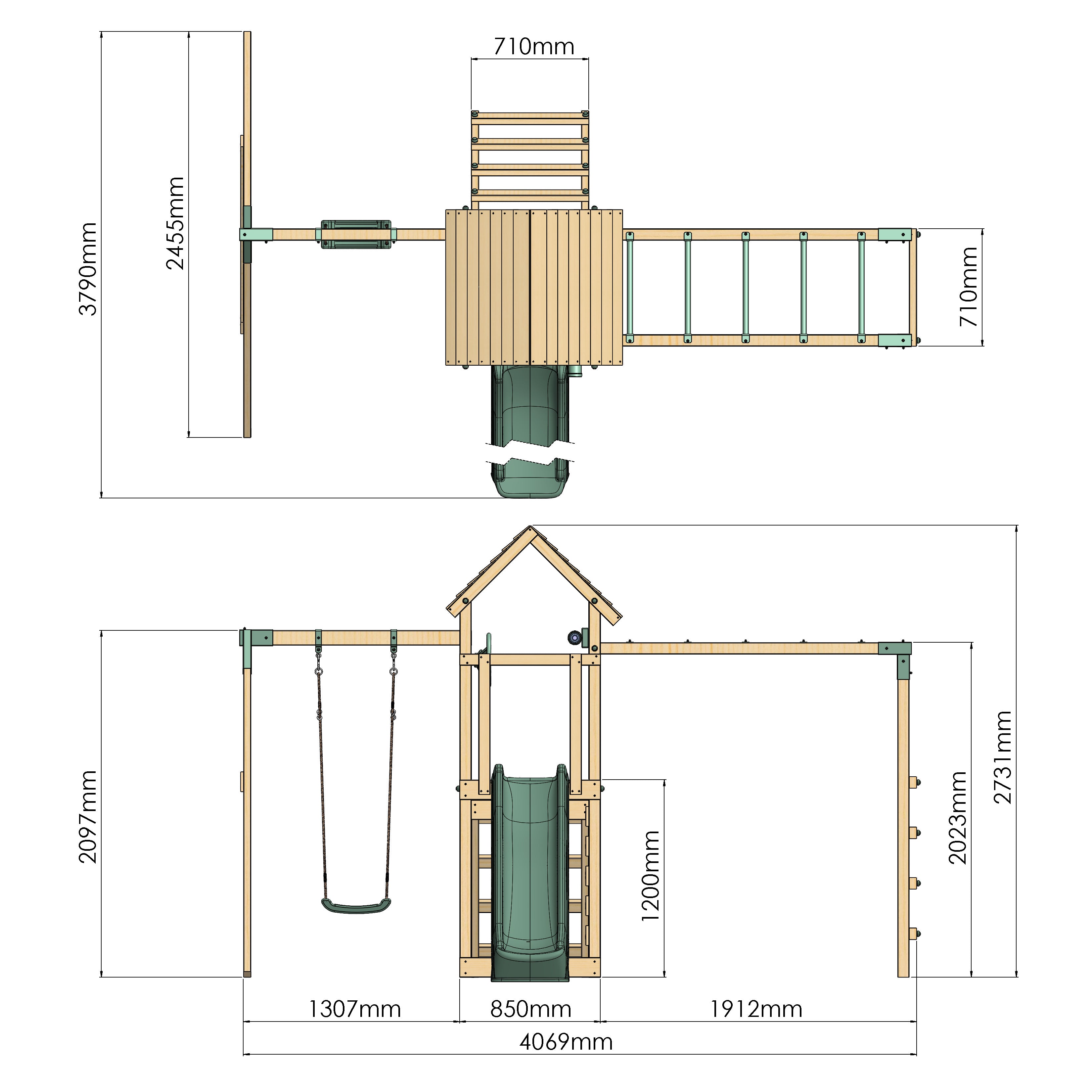 Dimensions of a wooden playset with slides and swings