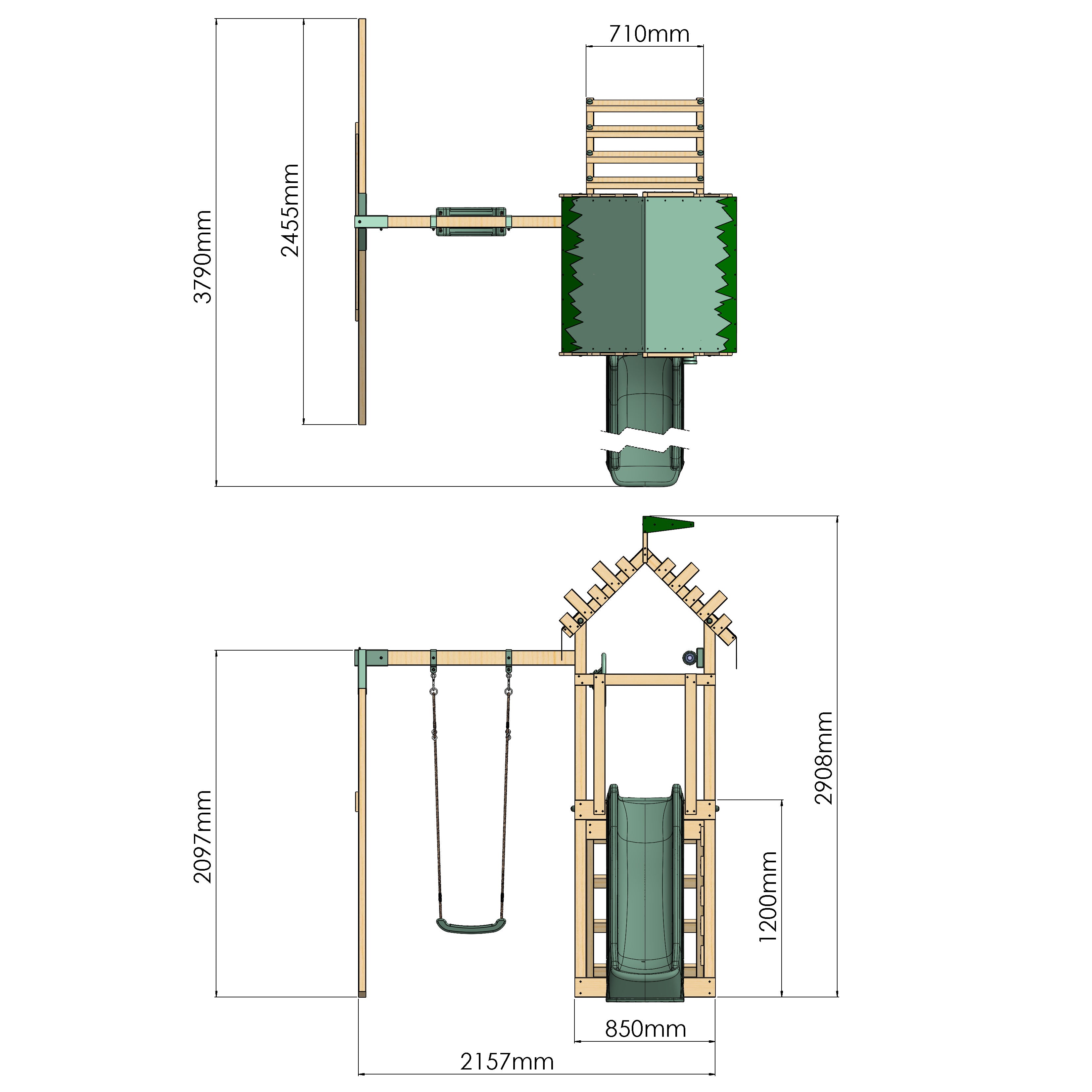 Detailed dimensions of a children's playset with a slide, swing, and ladder.