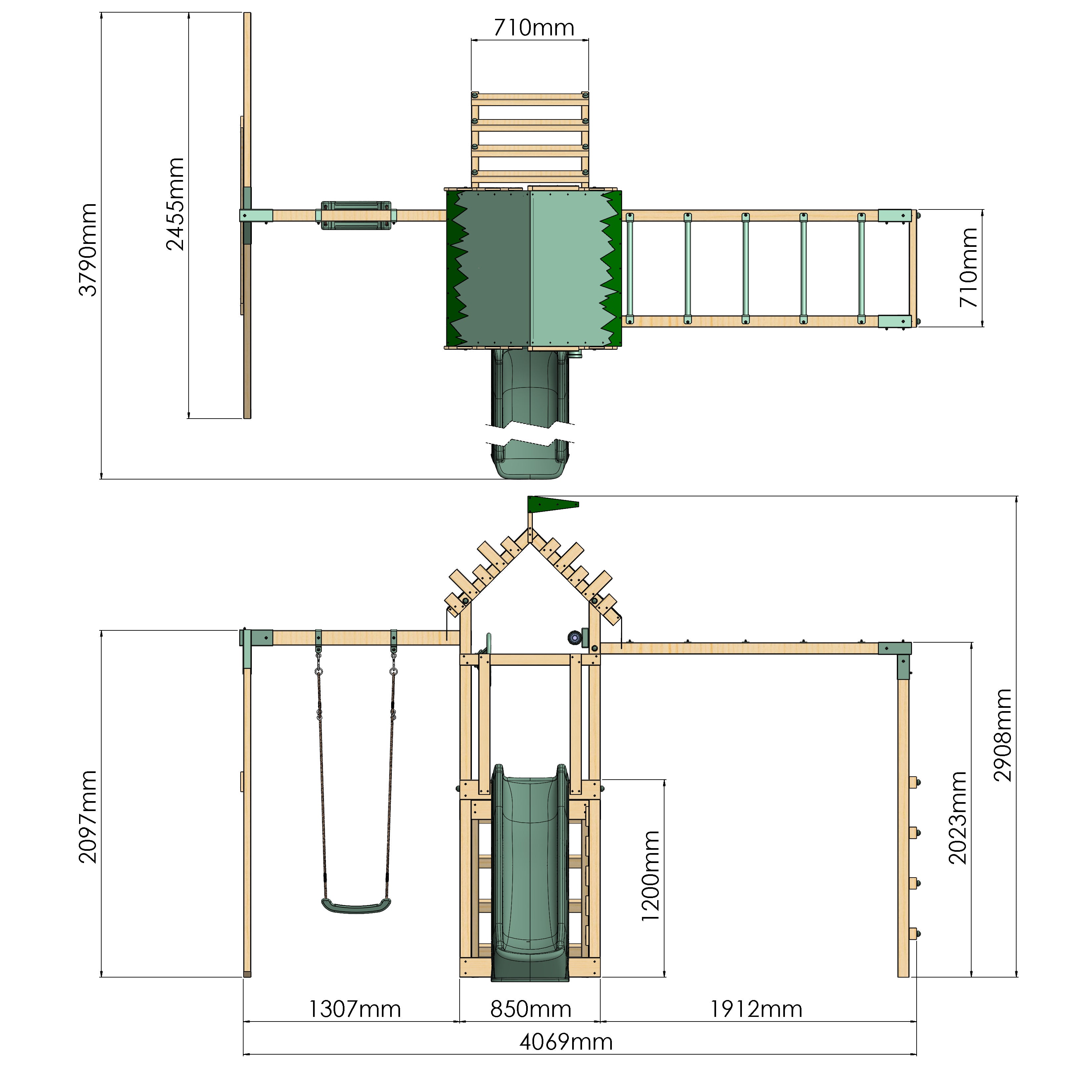 Detailed dimensions of a children's playset with slides and swings.