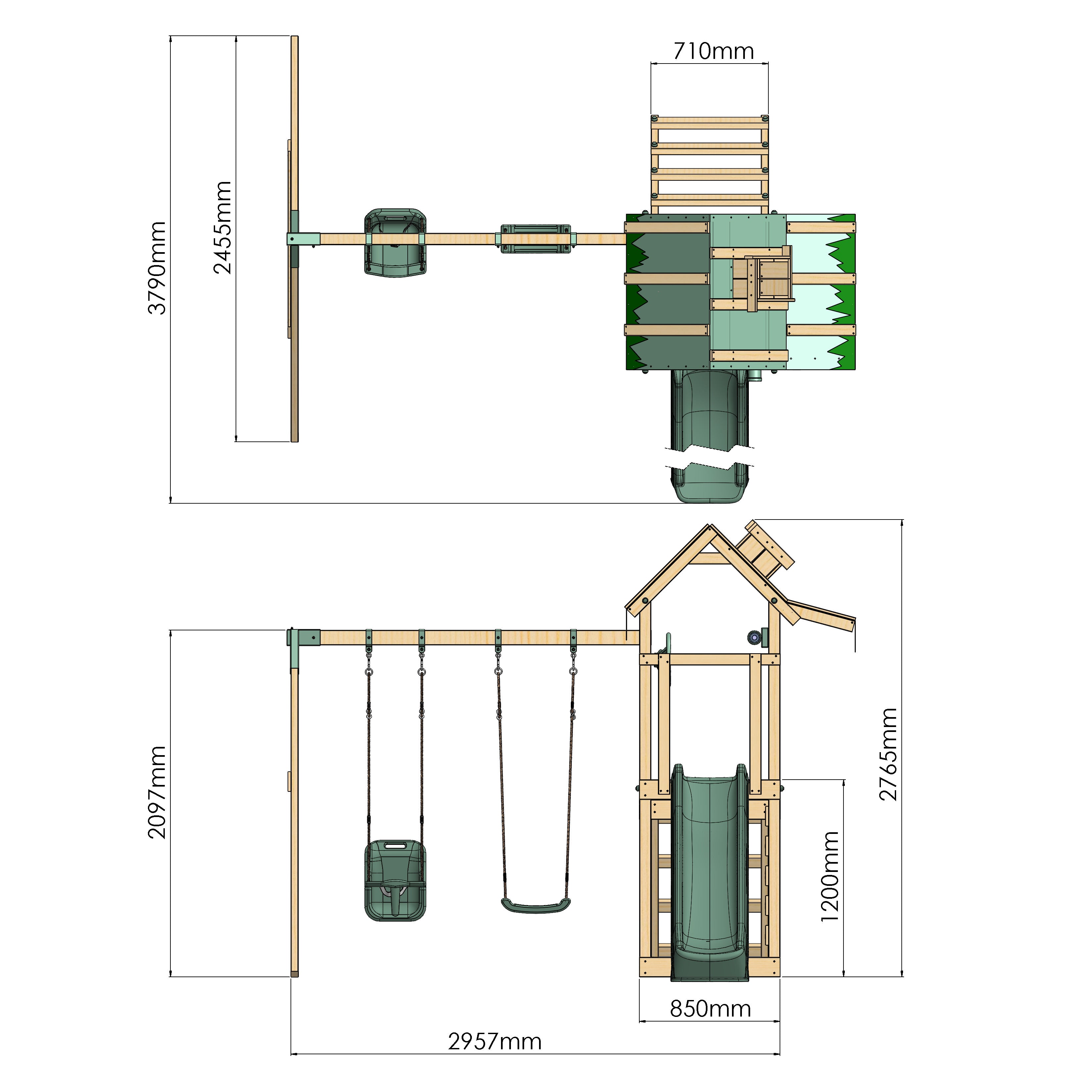 Detailed dimensions of a children's playset with slides, swings, and climbing structures.