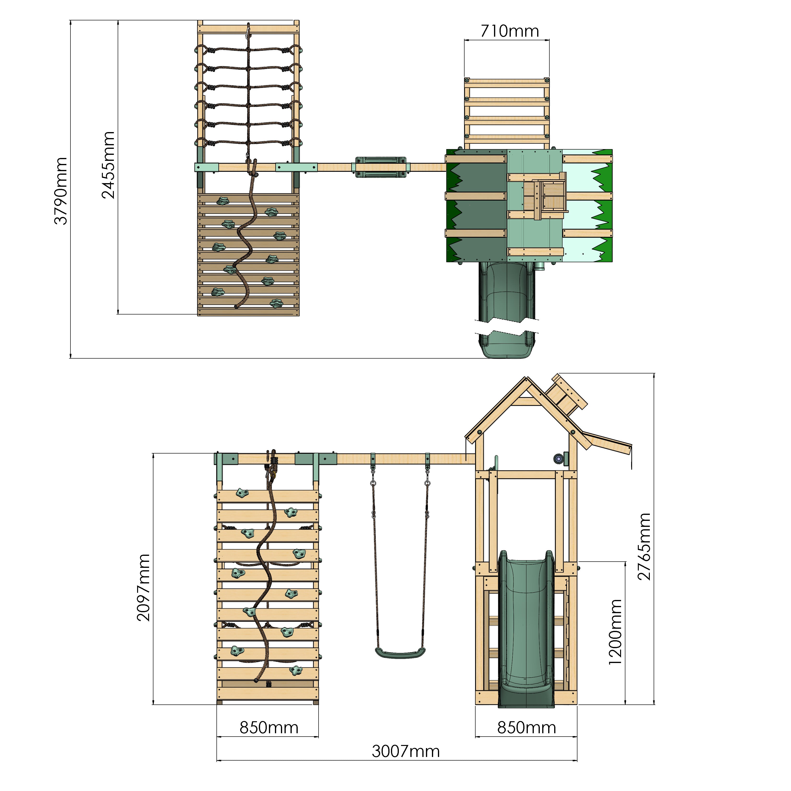 Dimensions of a children's play set with climbing wall, swing, and slide.