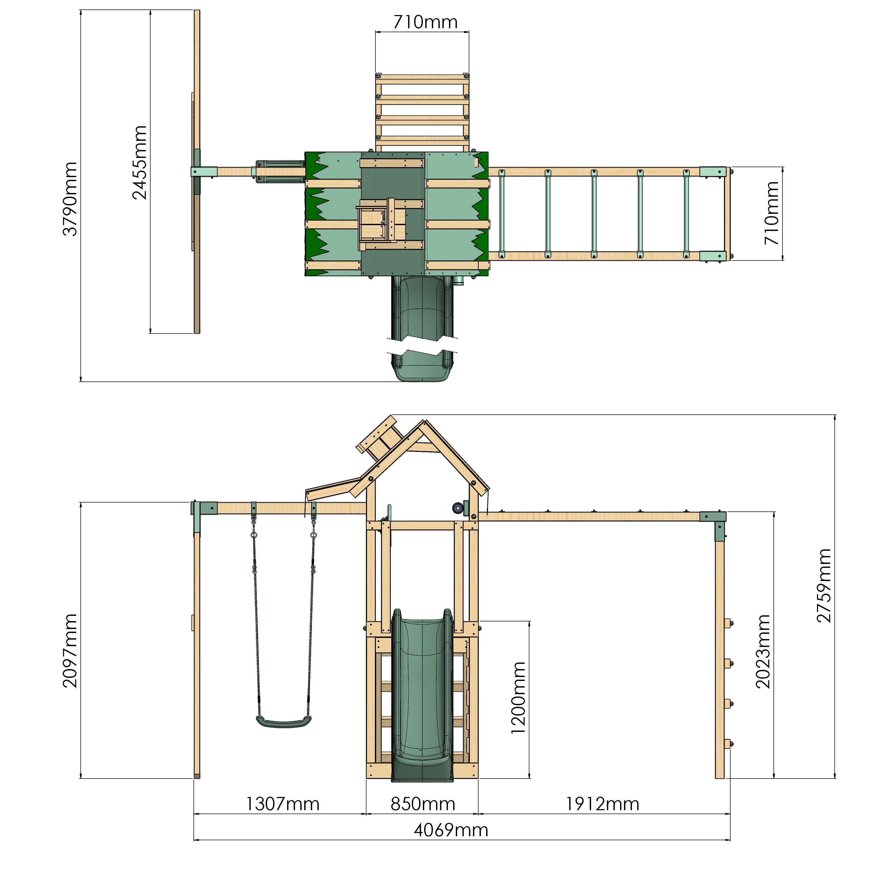 Dimensions of a children's play set with slide, swing, and ladder.