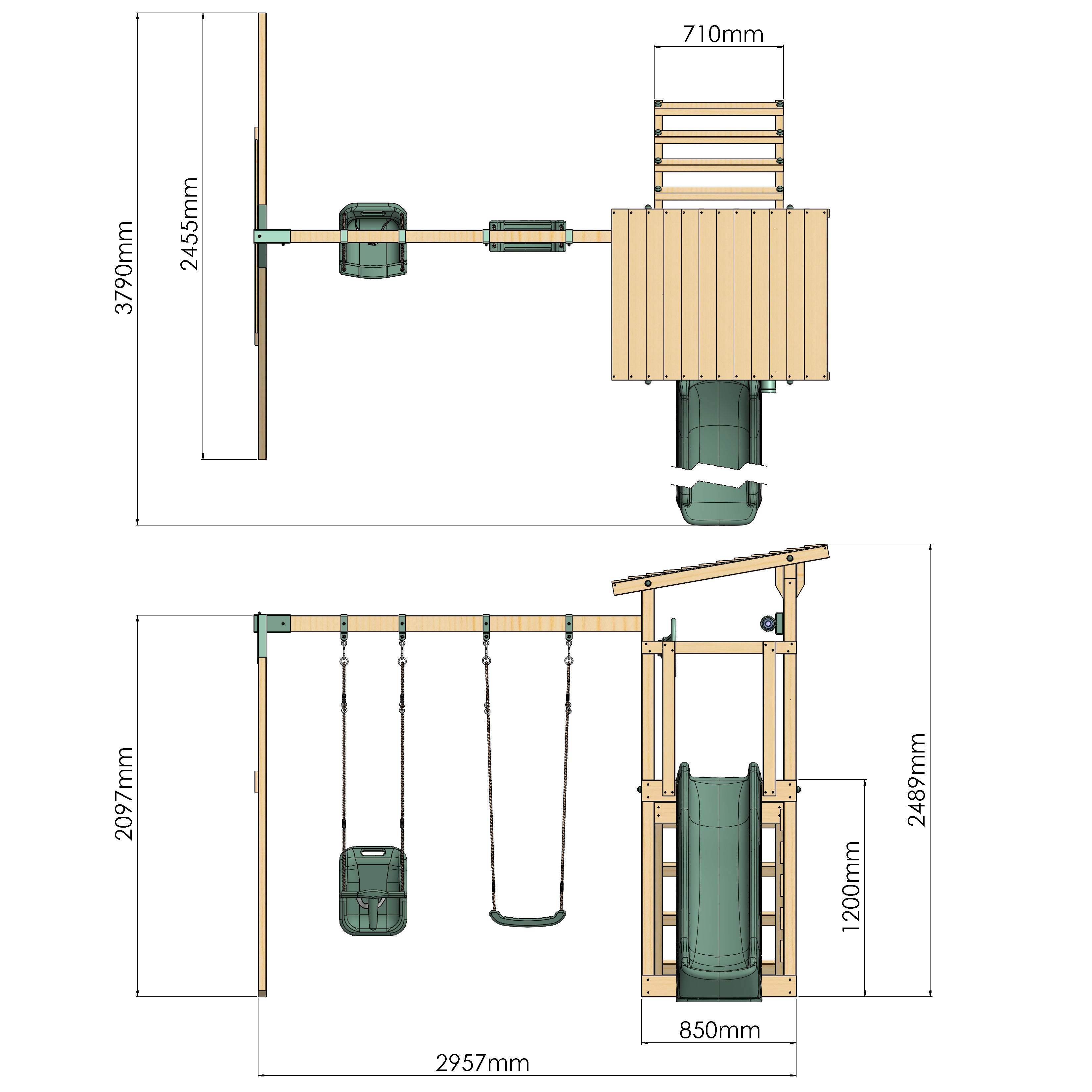 Dimensions of a wooden playground set with swings and slide on a white background