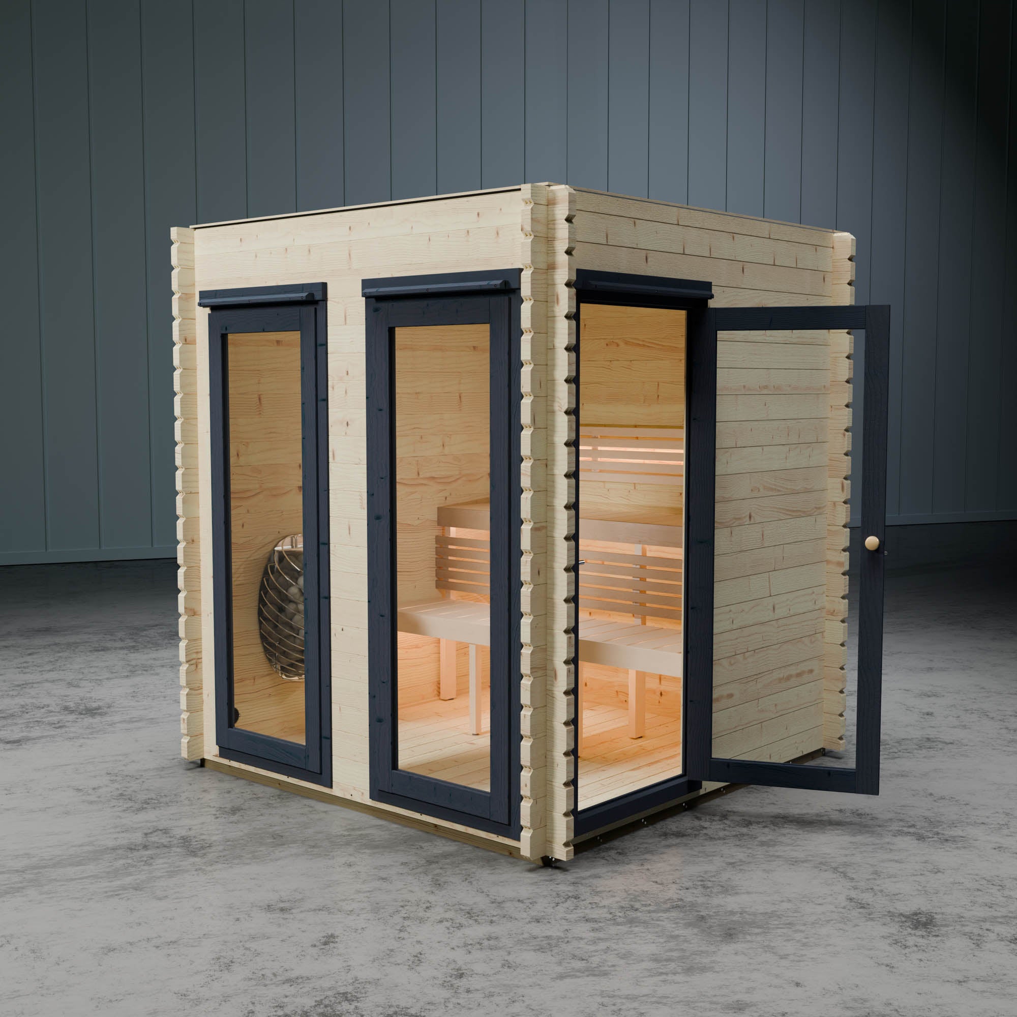 Wooden sauna with glass doors on a grey floor and dark grey wall background