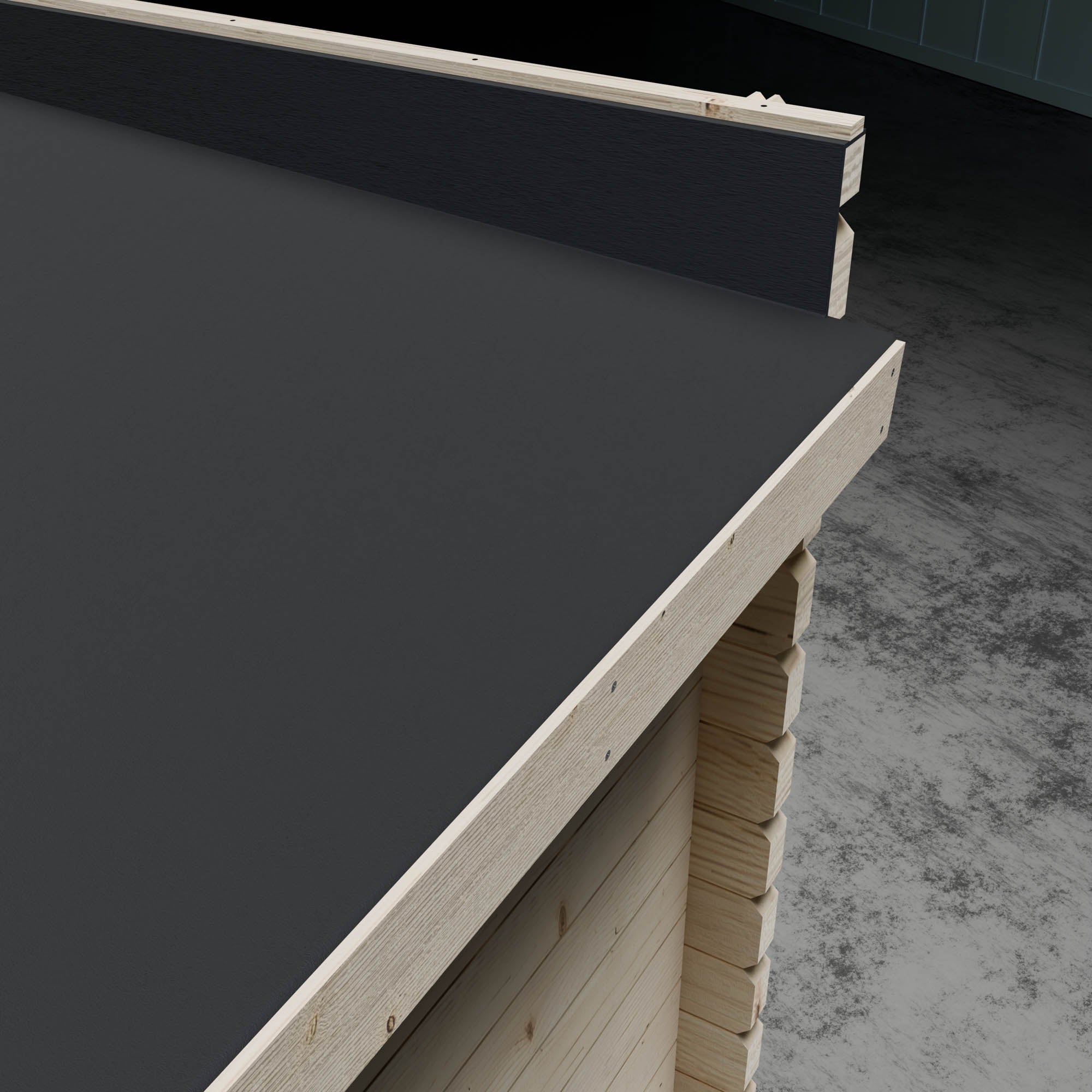 Dark gray roof panel on a wooden structure with a concrete floor in the background