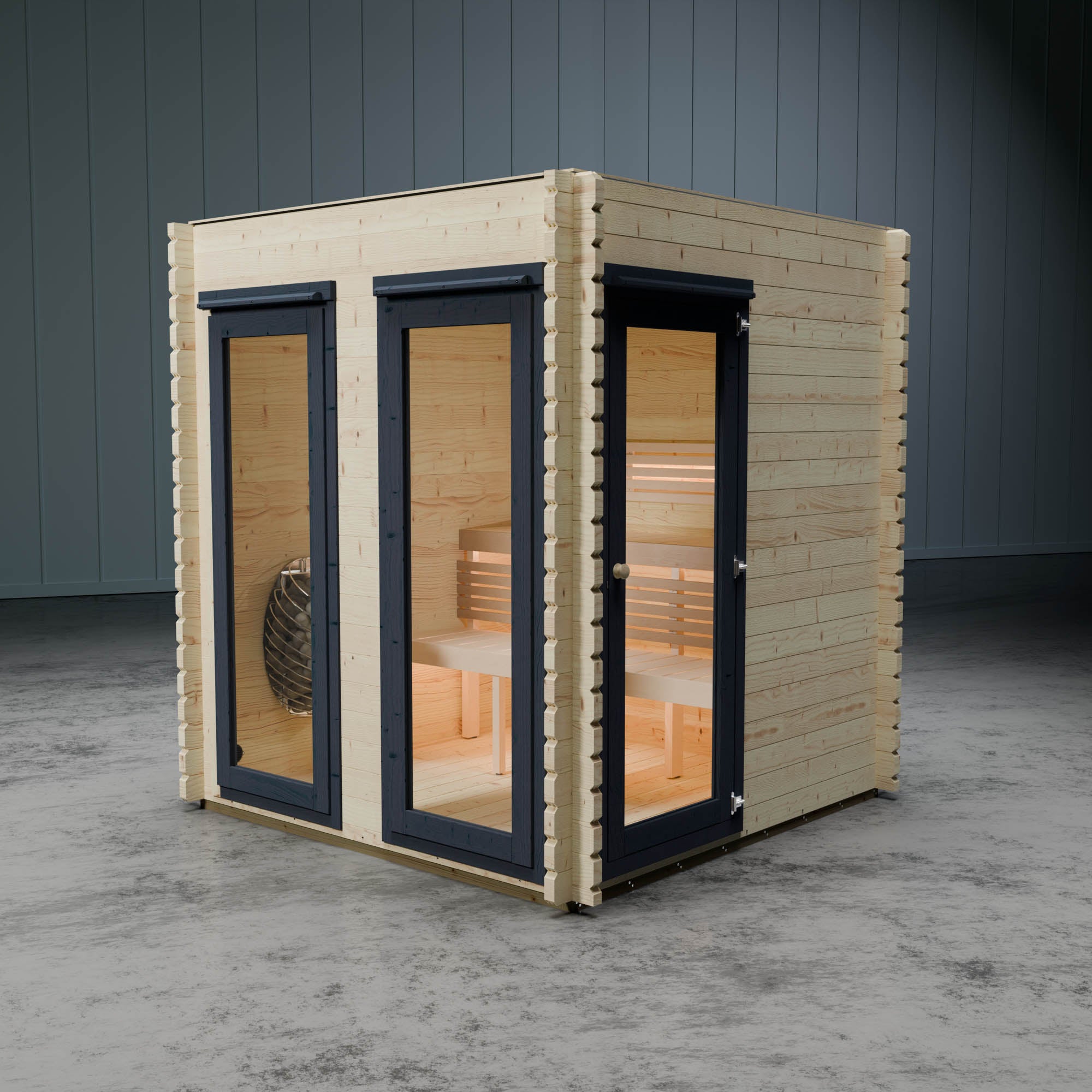 Wooden sauna with glass doors on a gray floor and wall background
