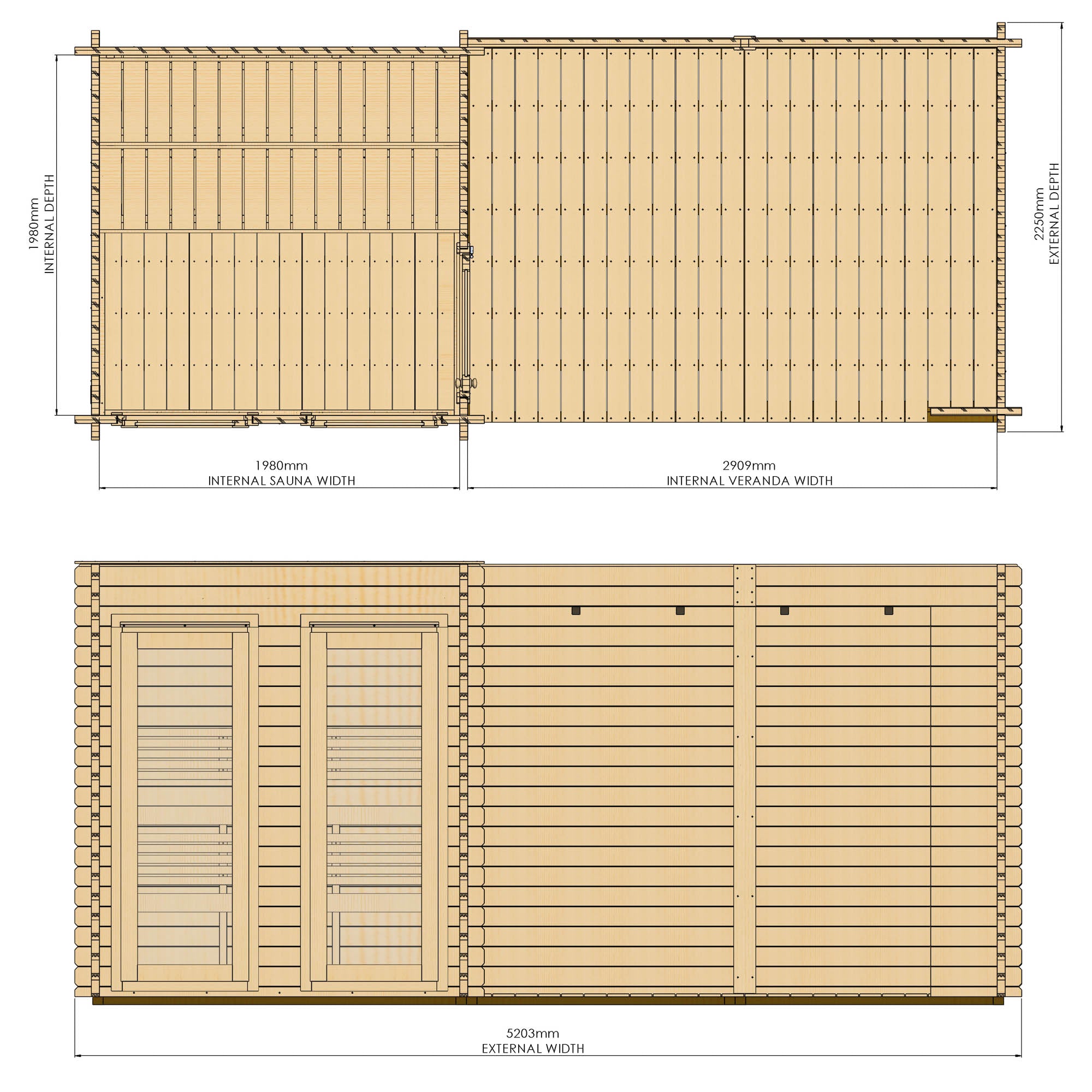 Dimensions and layout of a wooden sauna and veranda sections.