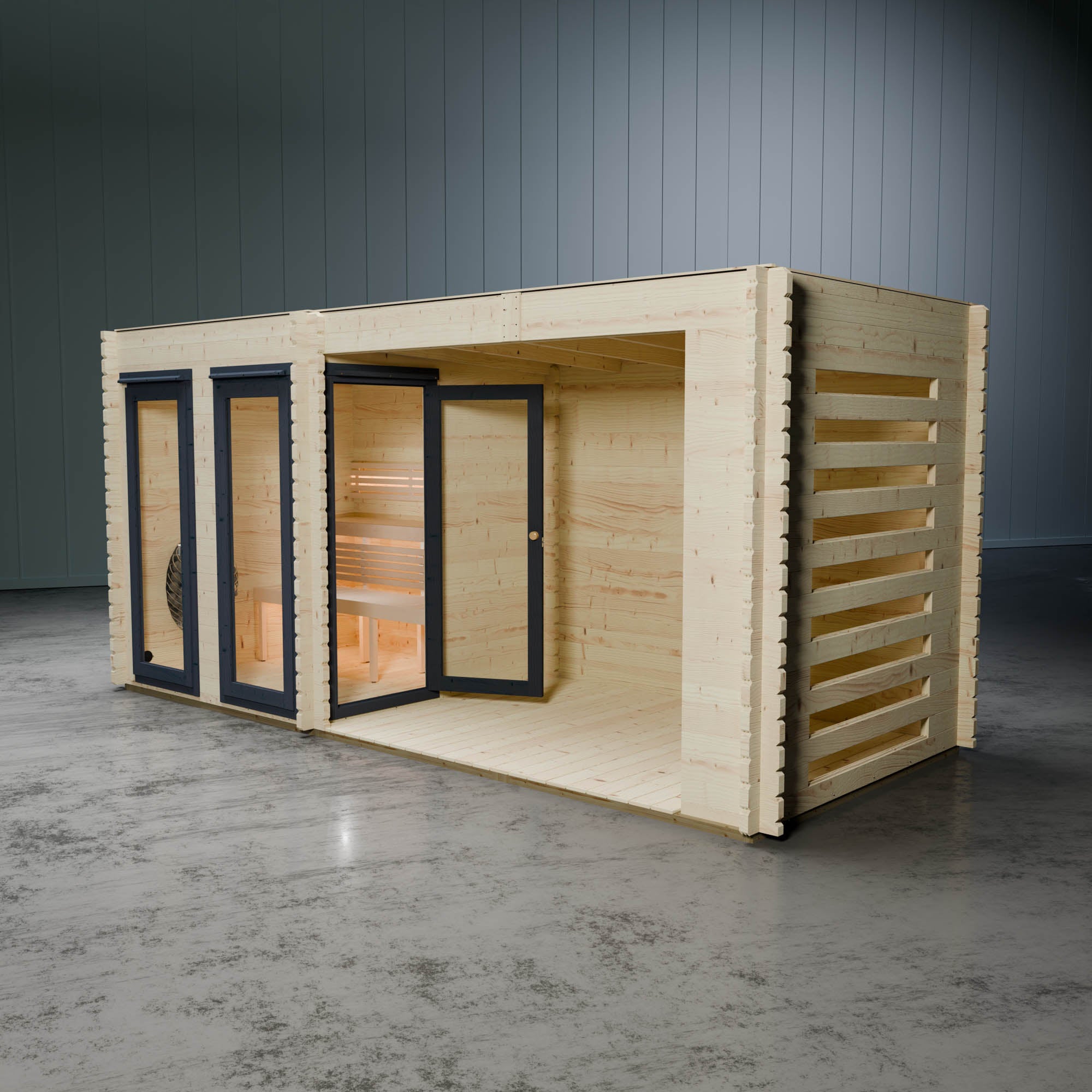 Wooden sauna with glass doors on a gray floor and wall background