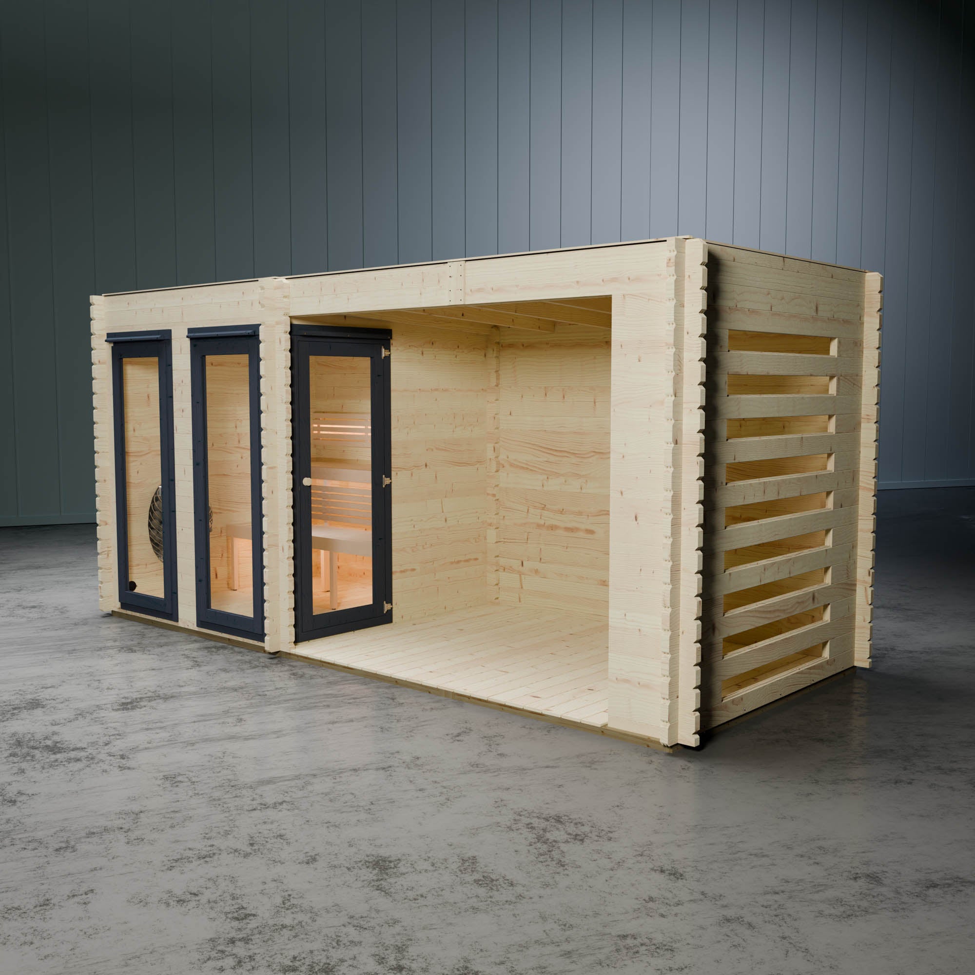 Wooden sauna with glass doors against a grey wall.