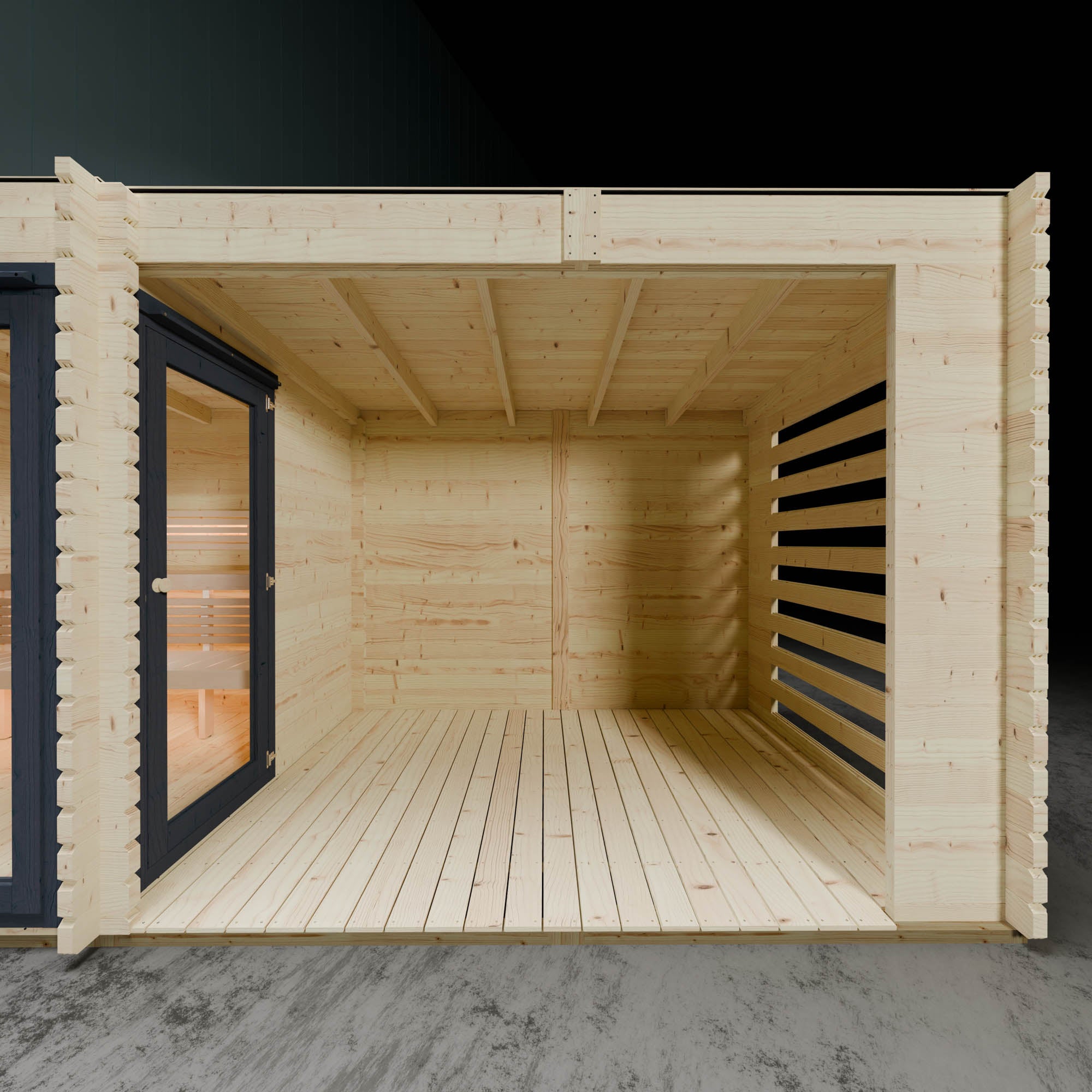 Wooden sauna veranda with open doors on a concrete floor