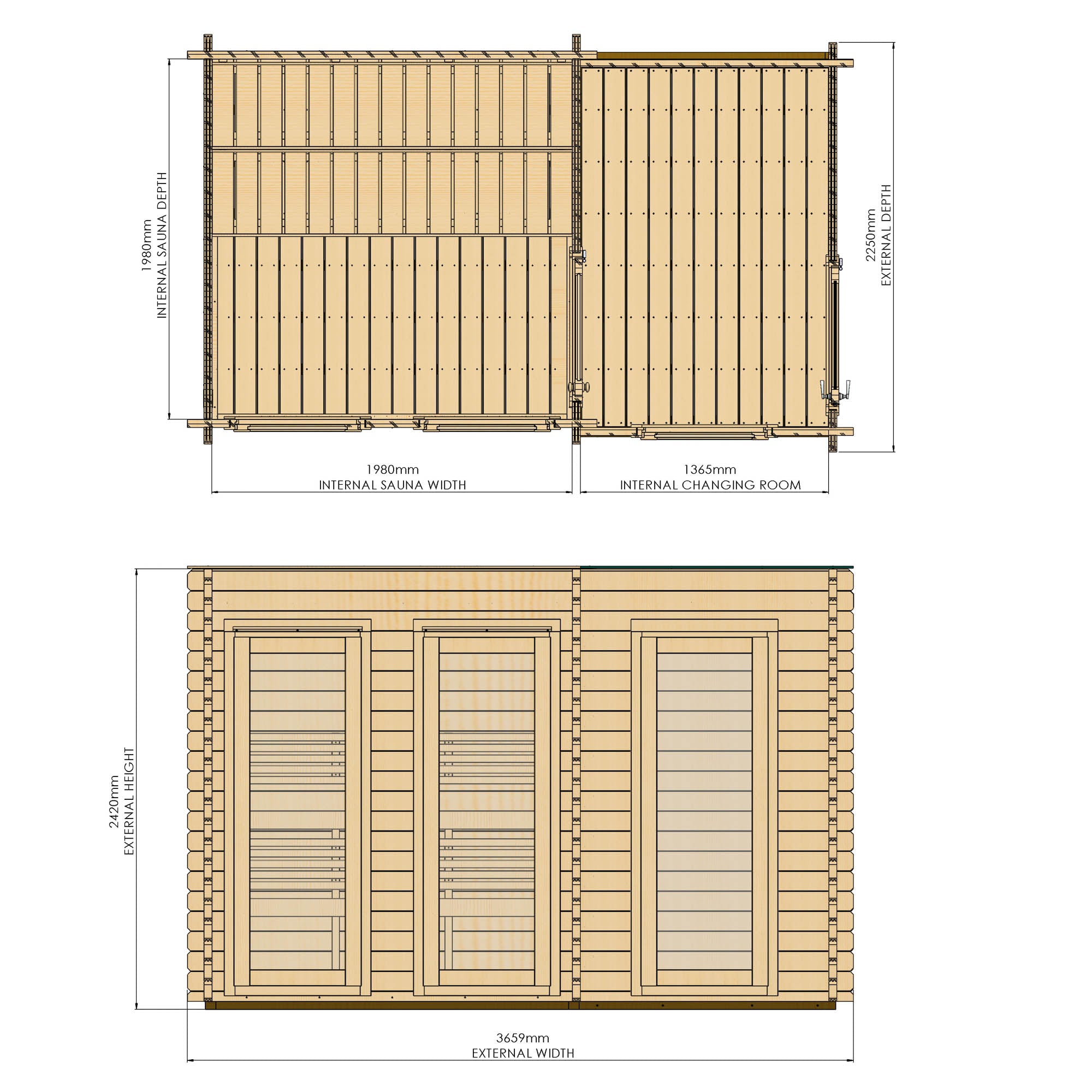 Dimensions and layout of a wooden sauna with measurements on a white background