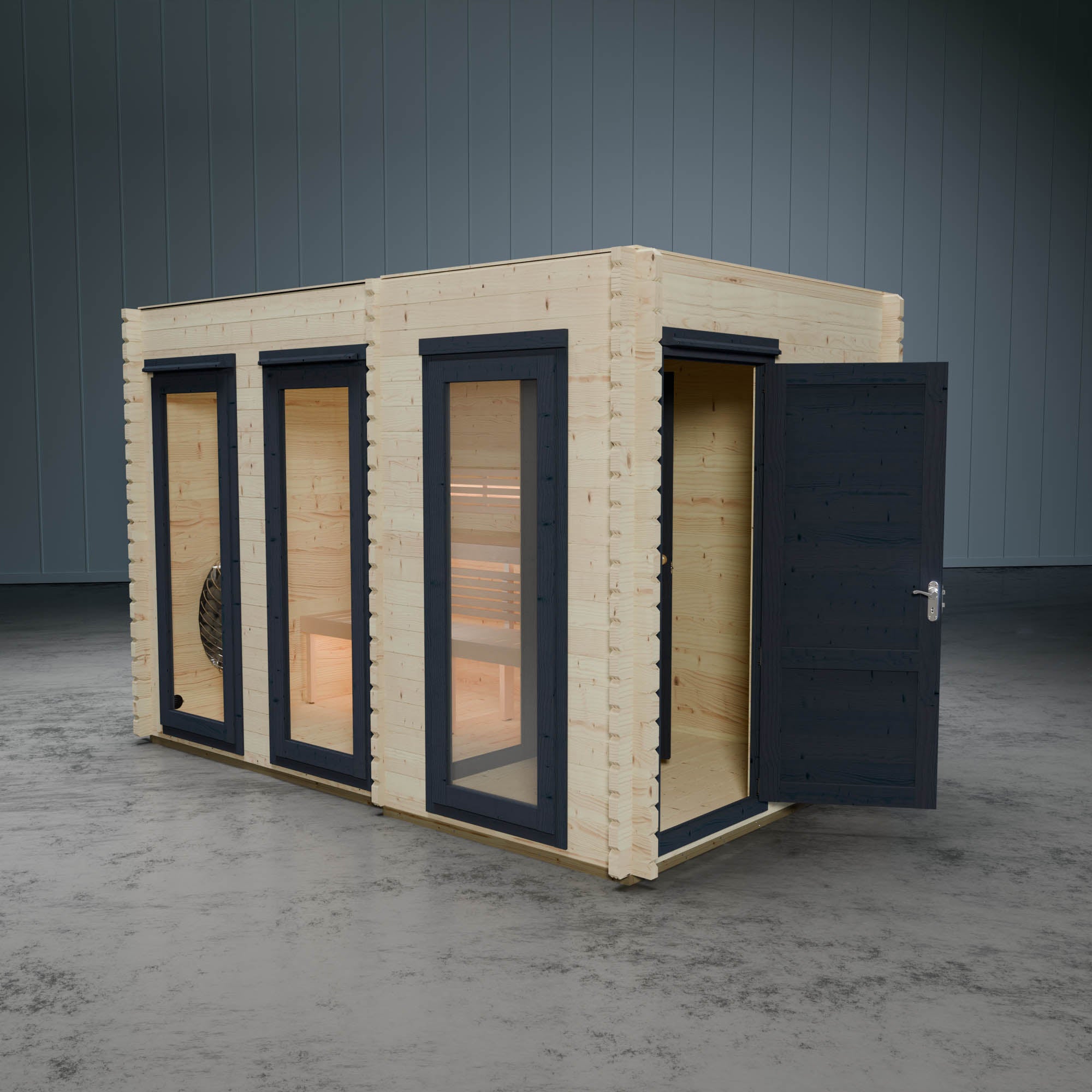 Wooden sauna with a changing room a glass windows