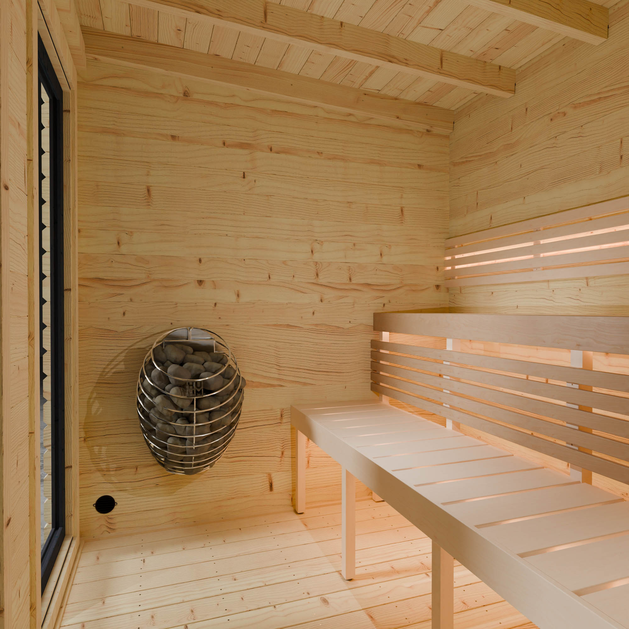 Wooden sauna interior with a bench and basket of stones.